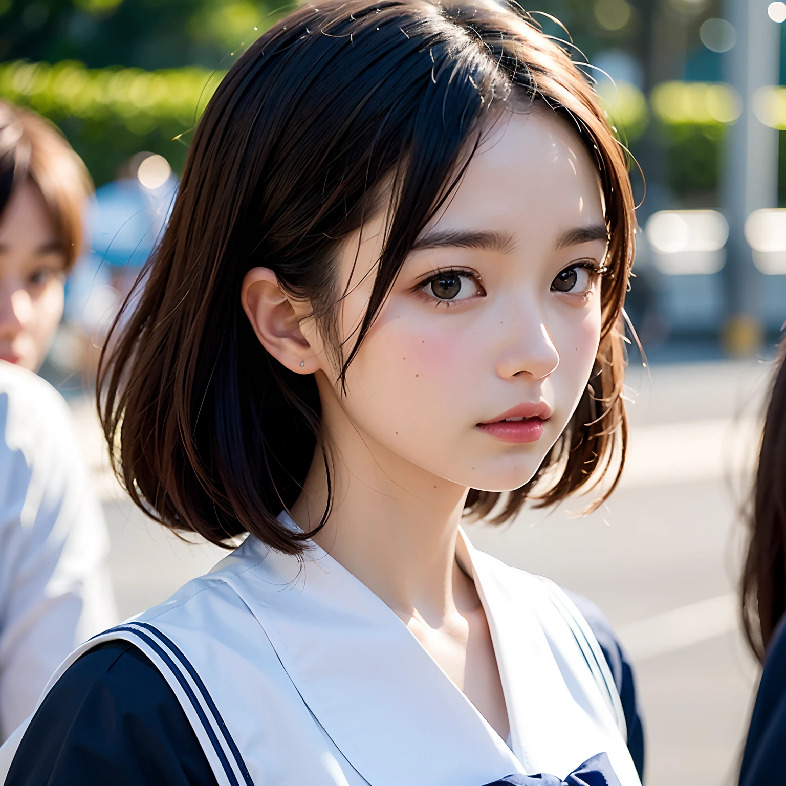 (masutepiece, Best Quality:1.2), 8K, Official art, Raw photo, Full Baudeville Four、cute butt、Back angle、On the way to take off the uniform、turned around、skinny、14years、small tits、unbelievable Ridiculous, (Upper body, 校服、a sailor suit:1.4), Beautiful Girl, Pretty Face, arching back down,、Gold hair ornament on hair、close up, Sailor Suit, Short sleeve, violaceaess, Teen, Street, Looking at Viewer, Film grain, chromatic abberation, Sharp Focus, face lights, Dynamic lighting, Cinematic lighting, Eyes and faces with detailed, Bokeh background,