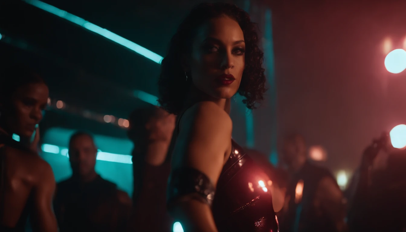 woman dressed in latex leotard standing (upper body) in a night club, people dancing in the club as background, blade movie aesthetic, ultra detailed, cinematic cyberpunk, dark cyberpunk aesthetic.