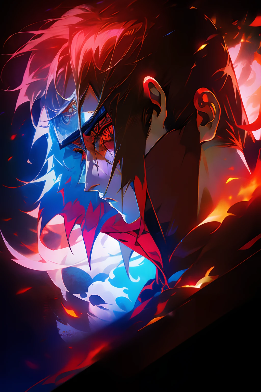 ' Create a powerful wallpaper that showcases the strength and charisma of (("Itachi Uchiha")). Itachi should be depicted in a formidable and captivating pose, with his Sharingan activated and Amaterasu flames in the background. Ensure the wallpaper exudes an aura of power and captivates the viewer with its intensity.