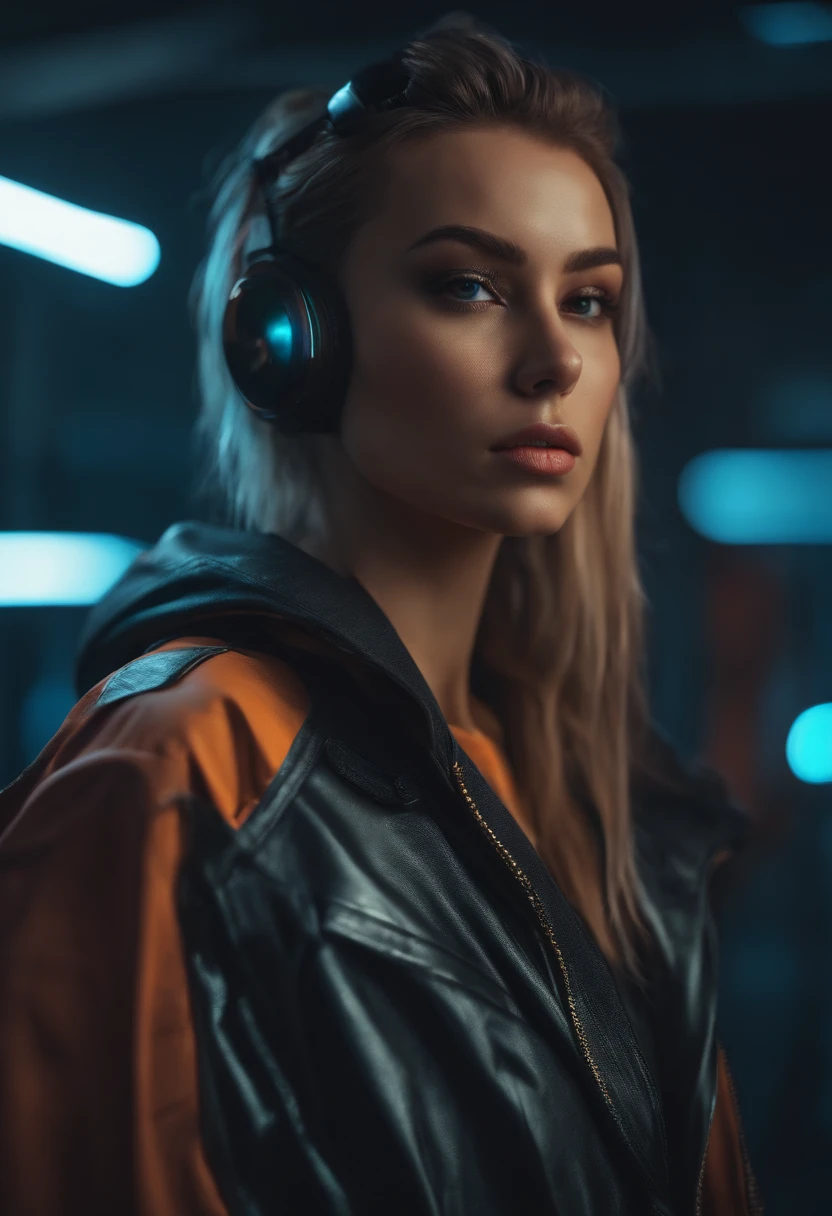 Genera una imagen de una joven realista vestida con un atuendo de gamer de moda. The girl must be very beautiful and look as realistic as possible, with natural facial features and authentic expressions, el pelo debe ser blanco con mechas rosas y su pecho debe ser grande con escote. Gamer attire must include a t-shirt with a low-cut popular video game design, pantalones urbanos de moda, zapatillas deportivas llamativas y accesorios como auriculares que esten de moda. Make sure the lighting is adequate to bring out the details of the image, y que el fondo sea un entorno urbano, como el popular cruce de shibuya. La pose de la chica debe ser divertida