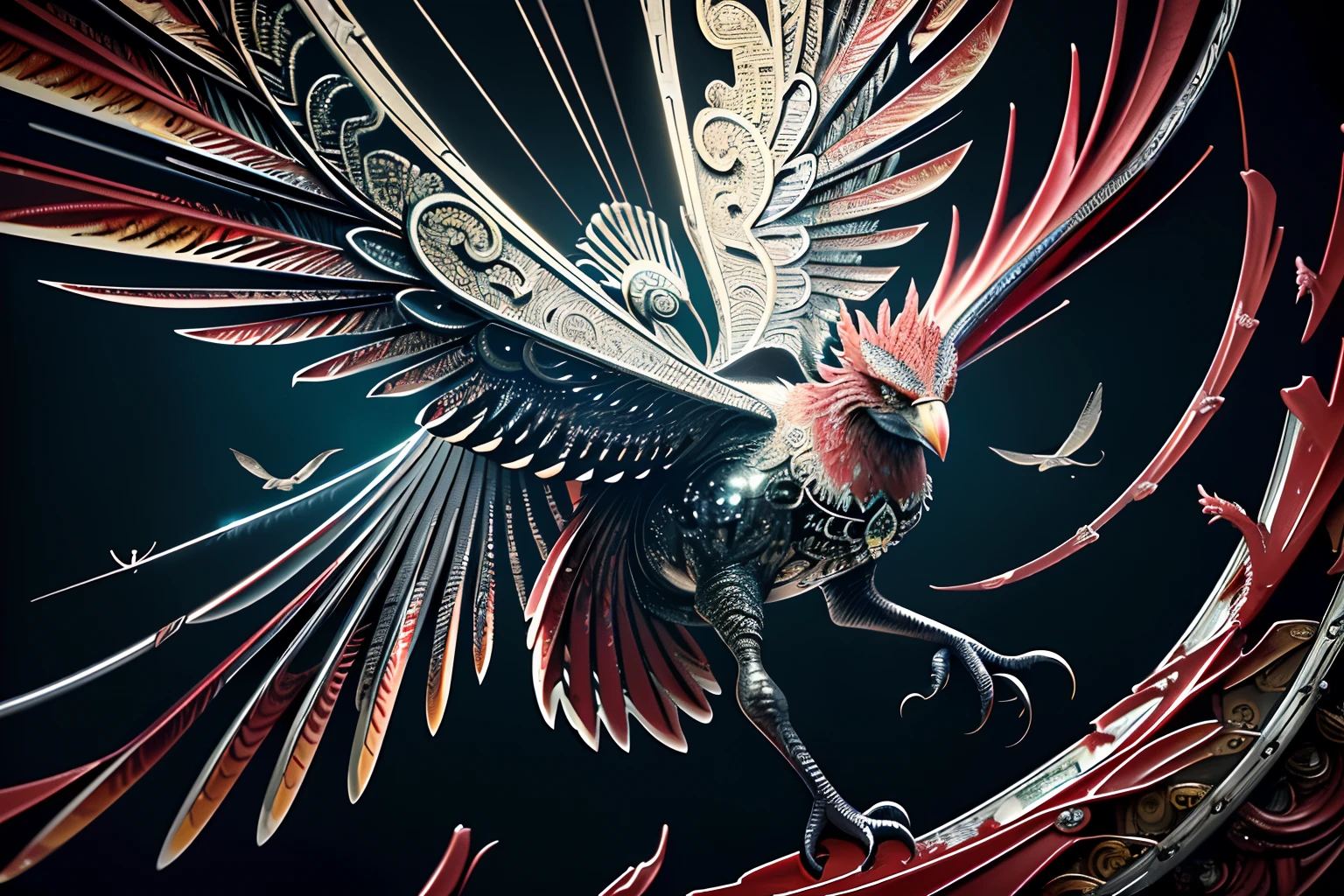 (((intricate insane detail oil paint of include mechanical single bird illustration:1.4))), (((red Chinese phoenix inspiration))), flash effect, swirling vortexes with smoke speed line,cyborg bird, know, ((silver and red and blue metallic mechanic texture:1.2)), (((electronic engineering:1.3))), rich colors, ((half glass and gear coating:1.3)), weapon is mechanical-claw, bird wing of blade, ((gliding pose:1.1)), from front, go through black hole background, symmetrical body, (((mechanical of full-body and 2 bird legs with 3 claws:1.3))), (intricate beautiful glow details:1.3), (intricate detailed:1.1), (extremely insane details:1.3), highly quality, high resolution, tonal with high contrast, cinematic lighting, beauty beauty, myth, elegance, grace, perfect bird anatomy, holography style, holographic rendering,