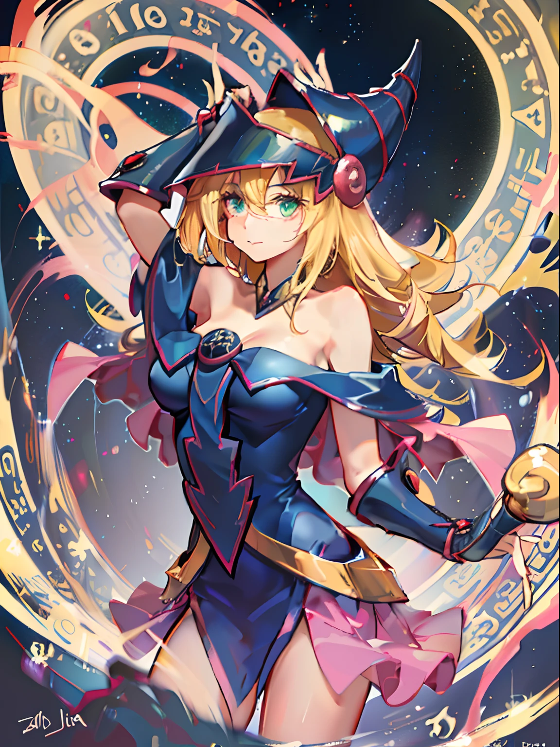 niña dark magician girl, Ropa casual, alas, cielo estrellado, glowworm, De color, sonrisa ligera, Estiramiento del brazo, Mira el visor, Cara detallada, Toma de cuerpo completo, Silueta, 8k, Super detail, destellar, florecer, piel texturizada, curar, La mejor calidad, alta calidad, Altas Resoluciones, Detalles altos, intrincado, absurdos, Anatomically correct, Obra maestra.