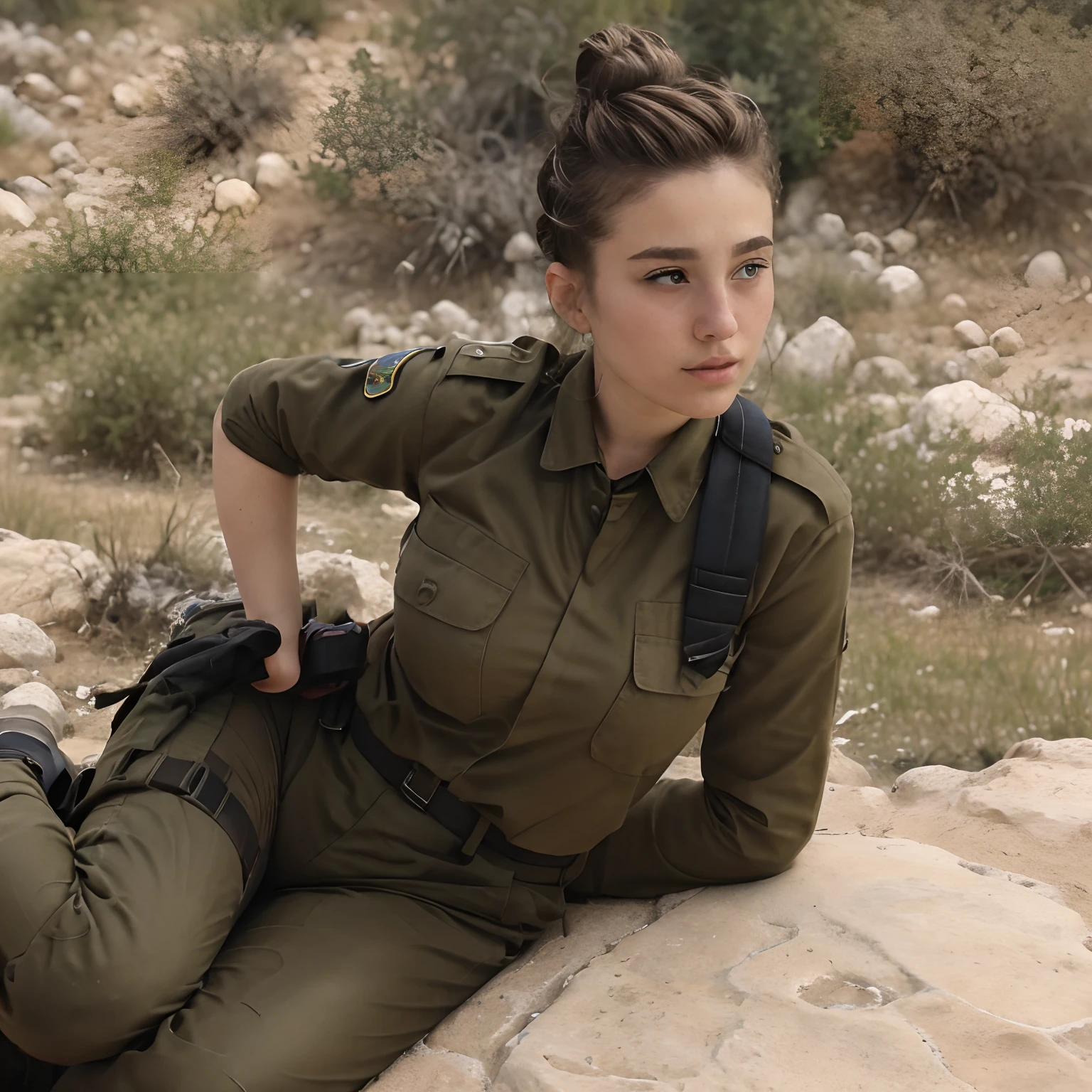 RAW photo, Fadeev , full bodyesbian, Natural skin, 8K  UHD, High quality, filmgrain, Hair in a bun, israeli uniform, battlefiled，Tactical moves，facing away from the audience，Lie down and aim