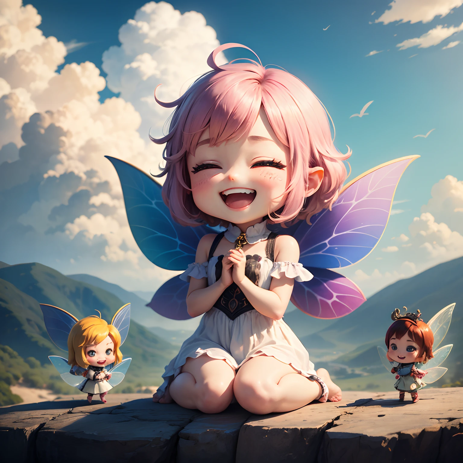 masterpiece、top-quality、ultra-detailliert、(Chibi Chara Fairy:1.2)、tickle,laughingly,nffsw,nffsw,Big smile,Happy happy smile,Laugh aloud,Lively laughter、blue open sky、white clouds、Sit in the clouds