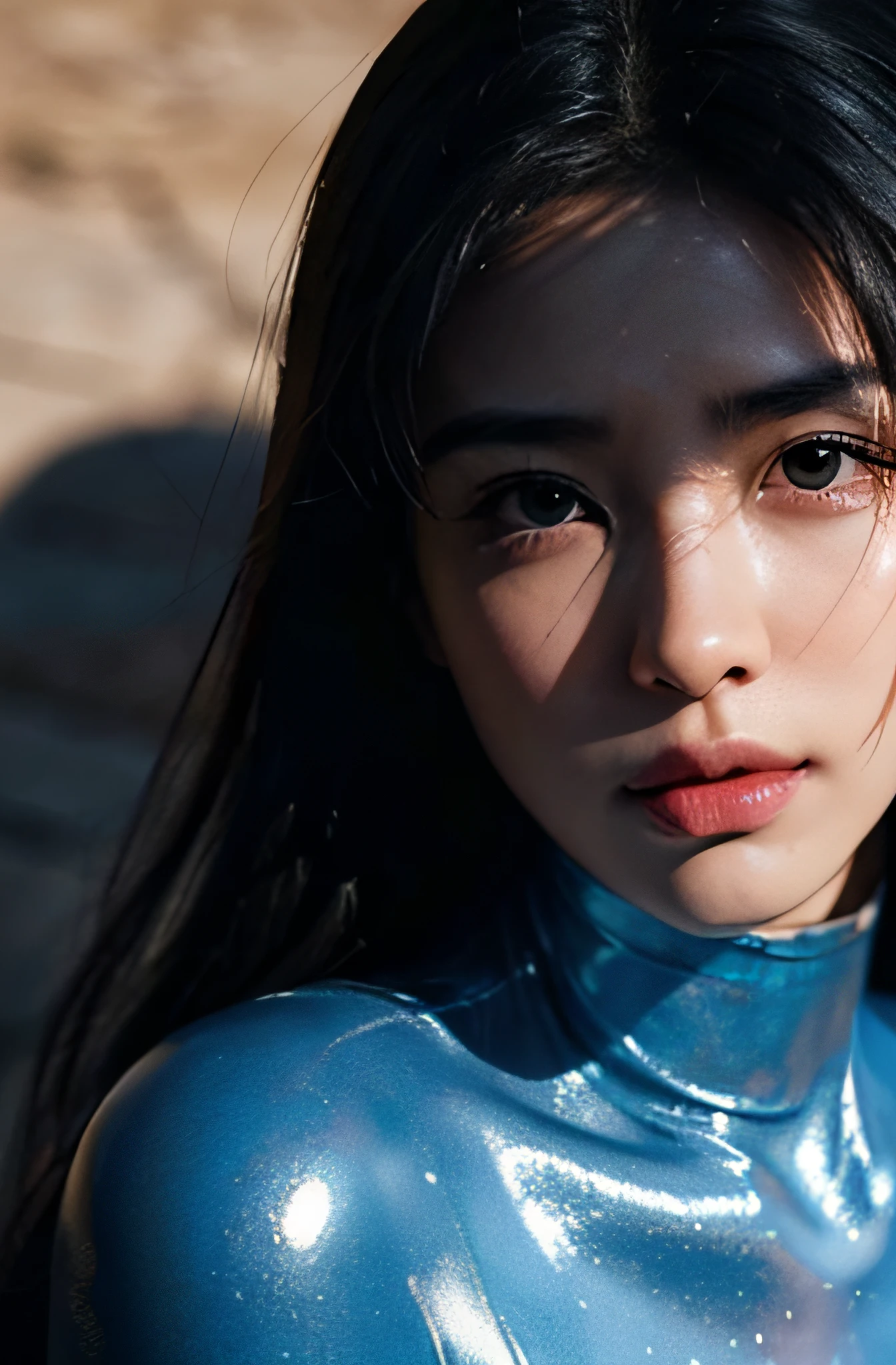 analog style, model shoot style, RAW close portrait of a 1girl, ((beautiful face: 1.7, perfect face:1.3)), (from above:1.2), best quality, epic (by lee jeffries photo, sony a7, 50 mm, pores:1.5, colors, hyperdetailed:1.5, film grain:1.4, hyperrealistic: 1.5), hyper-realistic lifelike texture, masterpiece, unreal engine 5, Extremely detailed CG unity 8k wallpaper, realistic eyes, Madly detailed photo, (ecstasy of light and shadow, deep shadow), (Winner of the Pulitzer Prize for Photography and Taylor Wessing Photographic Prize), wearing very tight suit, Smooth white skin, wearing a transparent suit, stand on the floor, latex shiny, Angry expressions, shiny metallic glossy skin, blue color skin