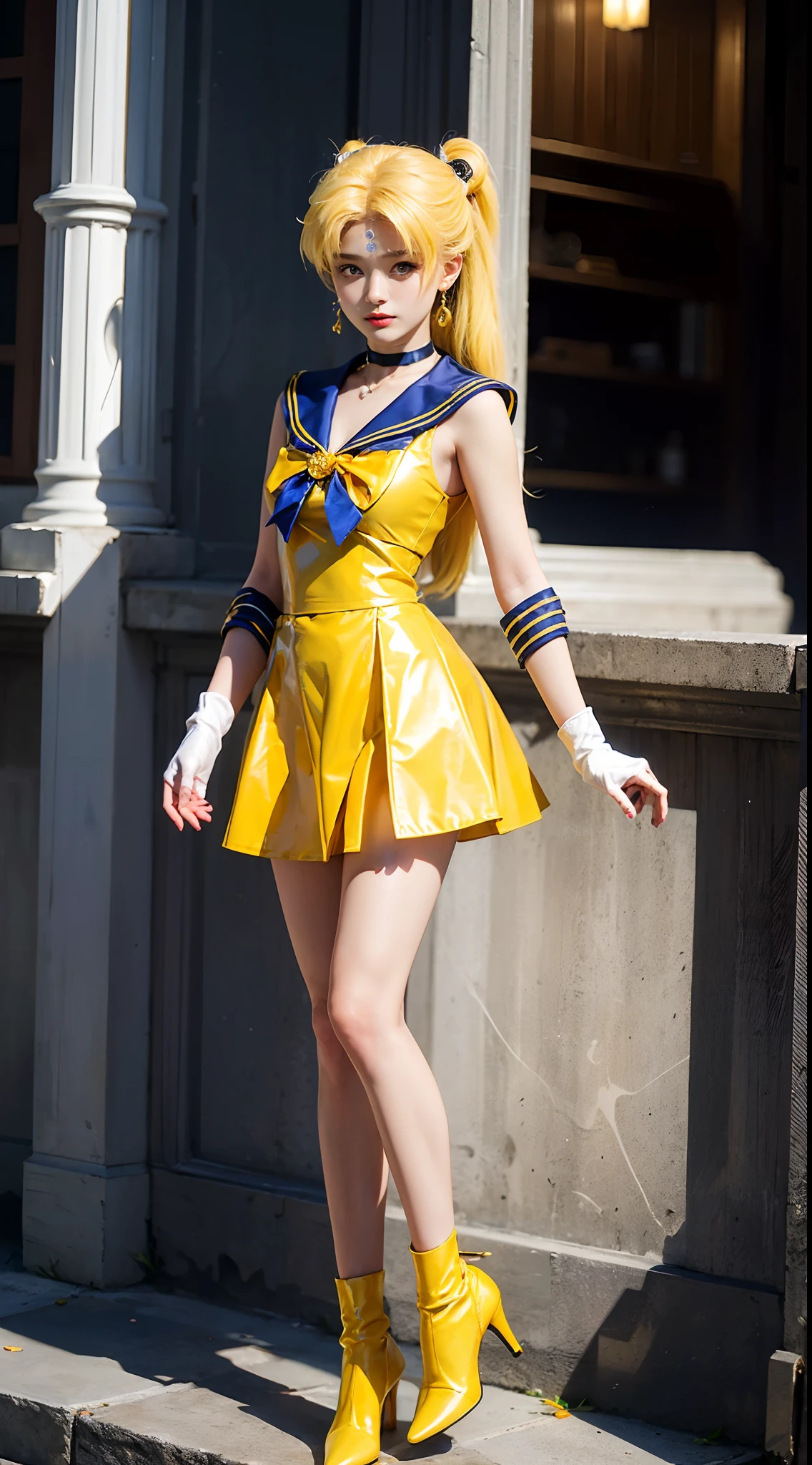 ((​masterpiece:1.4)、(top-quality:1.4)、(reallistic:1.7))、masuter piece:1.4、a beauty girl、(Sailor Moon:1.4)、Tsukino Usagi、Body Fit Sexy Sailor Senshi Uniform、(latex shiny)、(The jacket is a white sleeveless sailor suit)、(Skirt is blue sexy ultra ultra mini skirt)、The collar of the sailor suit is blue with two thin lines.、high leg swimsuit、Red cloth ornament at chest、(Wearing white gloves)、Kawaii Girl、Super beauty、foco nítido、Portrait photos、Upper body photography:1.4、beautiful countenance、beautidful eyes、Narrow waist、(Yellow hair:1.4)、(length hair:1.2)、Raw photo、red-lips、Red high heels:1.4、a choker:1.4、a necklace:1.4、耳Nipple Ring:1.4、Luxurious golden tiara on forehead:1.4、1 screen display、Outdoor landscape