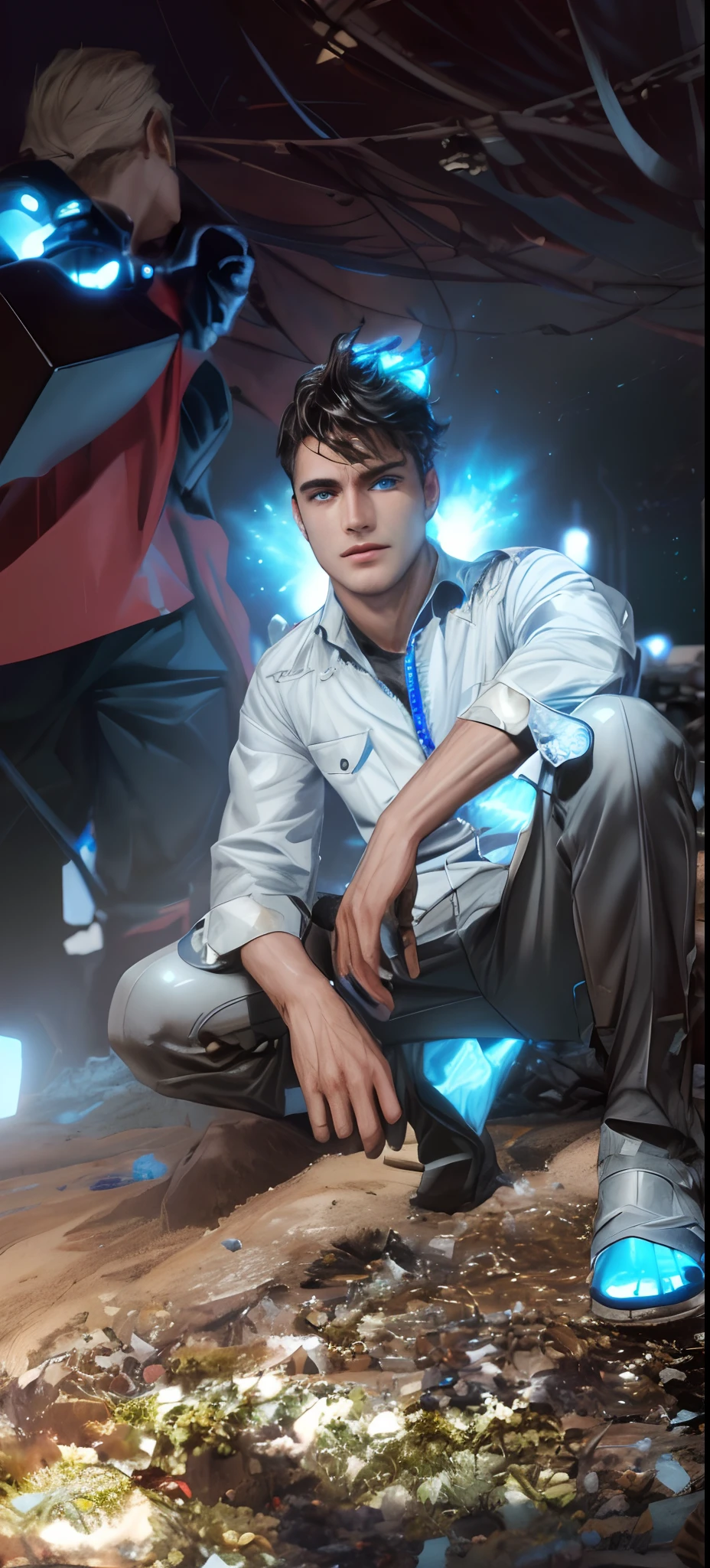 (Absurdres, Intricate Details, Masterpiece, Best Quality, High Resolution, 8k), 1 male, european, mature, aged up, handsome, finely detailed eyes and face, yellow french crop hair, blue eyes,cyborg portrait, looking at viewer, solo, (full body:0.6), detailed background, close up, detailed face, futuristic glowing steel armor, high-tech, gadgets, advanced technology, nanotech, headset, head-up display, epic galactic spaceship in background, lens flare, neon lights, electricity, explosions, screens, cinematic atmosphere, Depth of Field, VFX.
