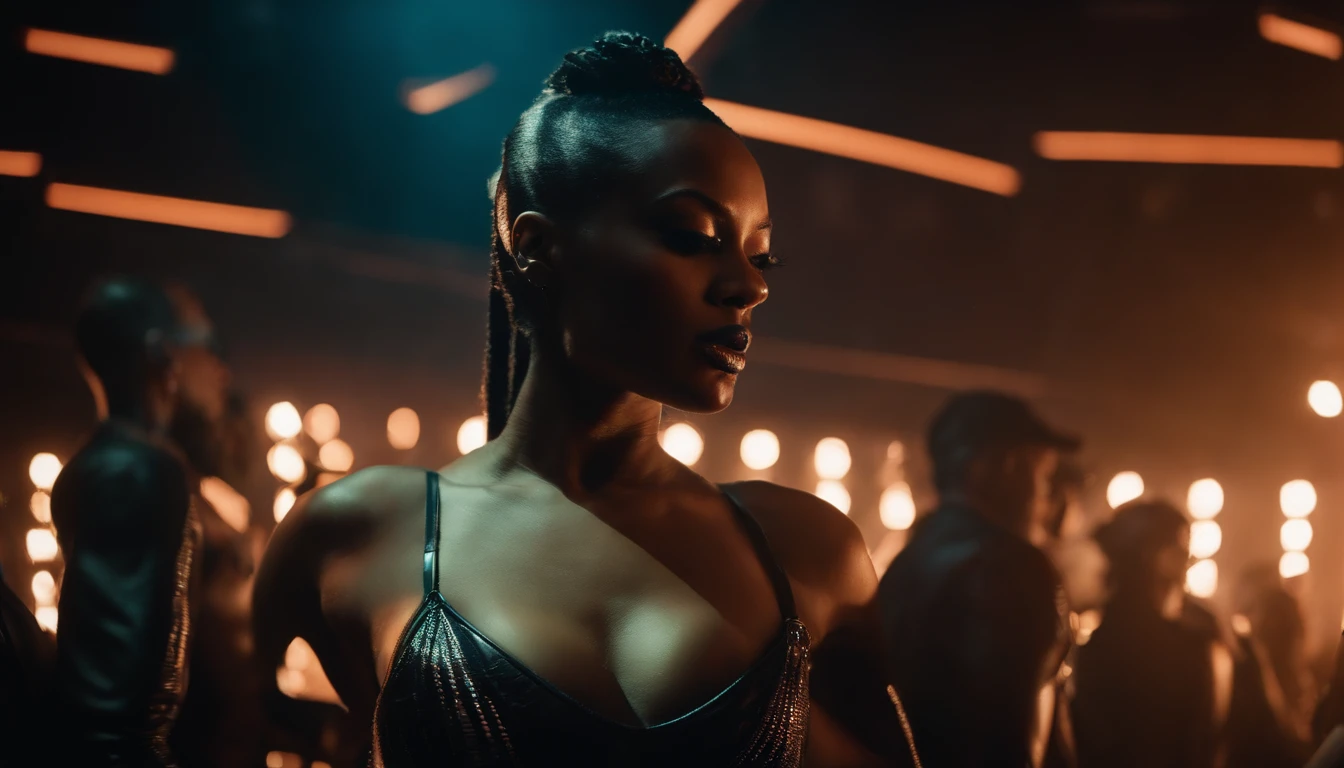 woman dressed in latex leotard standing (upper body) in a night club, people dancing in the club as background, blade movie aesthetic, dark clubbing, rave, ultra detailed, cinematic cyberpunk, dark cyberpunk aesthetic.