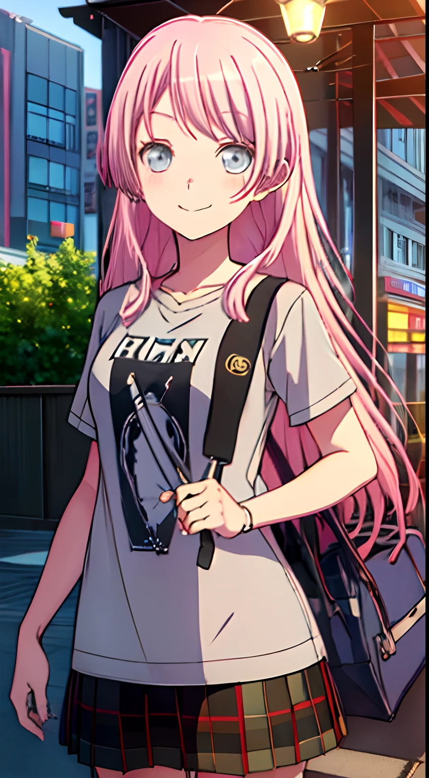 anon_chihaya, bang_dream, solo, long_hair, pink_hair, grey_eyes, happy, winking_eye, t-shirt, city, midnight, masterpiece, cute.