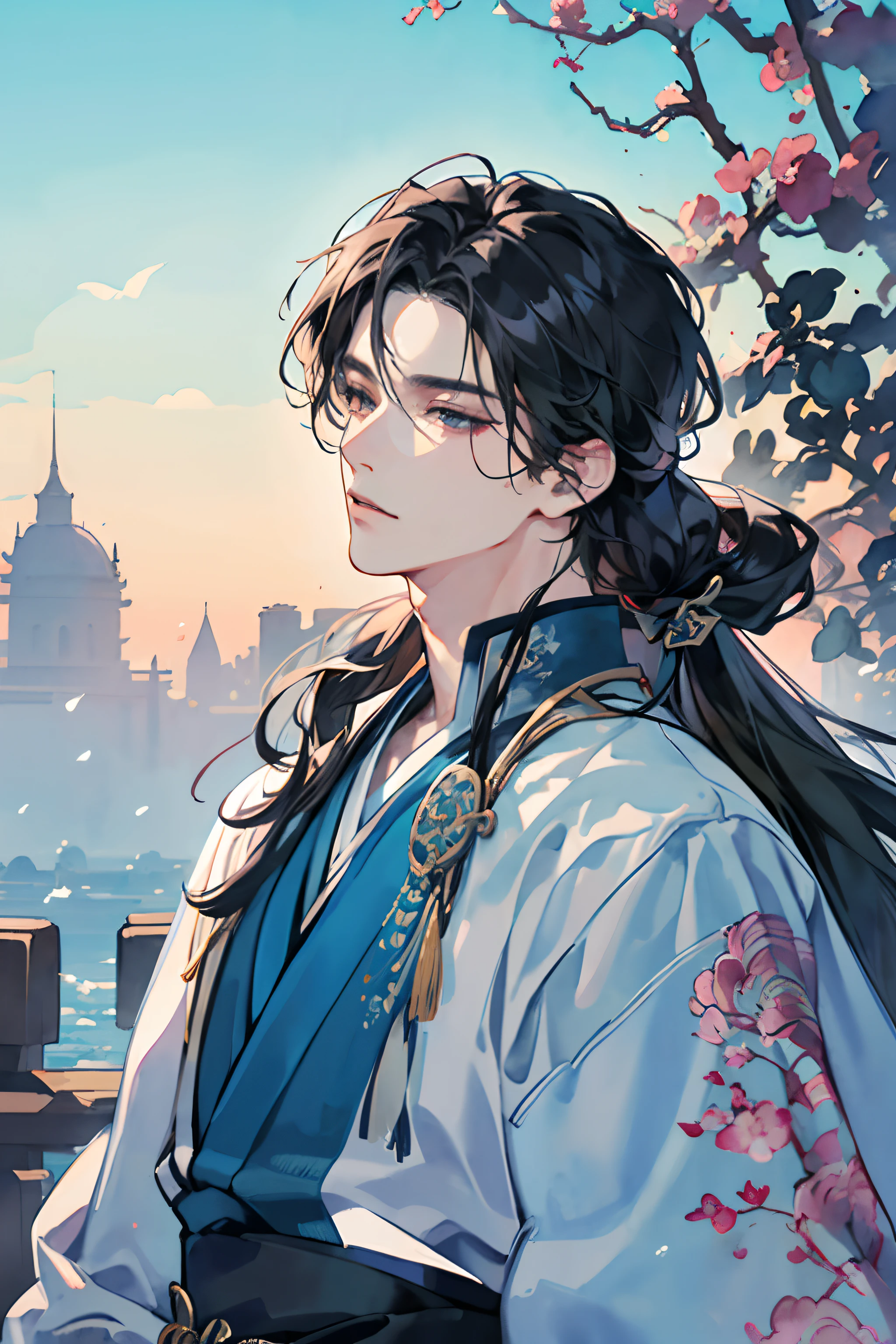 masterpiece, best quality, 1 male, adult, handsome, tall muscular guy, broad shoulders, finely detailed eyes and detailed face, extremely detailed CG unity 8k wallpaper, intricate details, long hair, fantasy, hanfu, black hair, black eyes, Ukyo-e,(Watercolor:1.3)