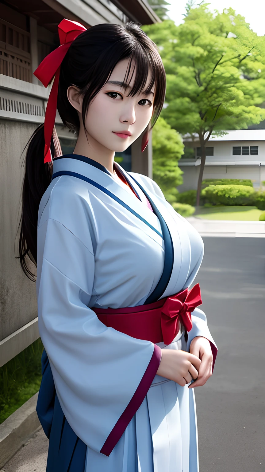 modeled:Asian Beauty、In front of the school gate、springtime、、Hakama、poneyTail、big red ribbon、photoRealstic、huge tit