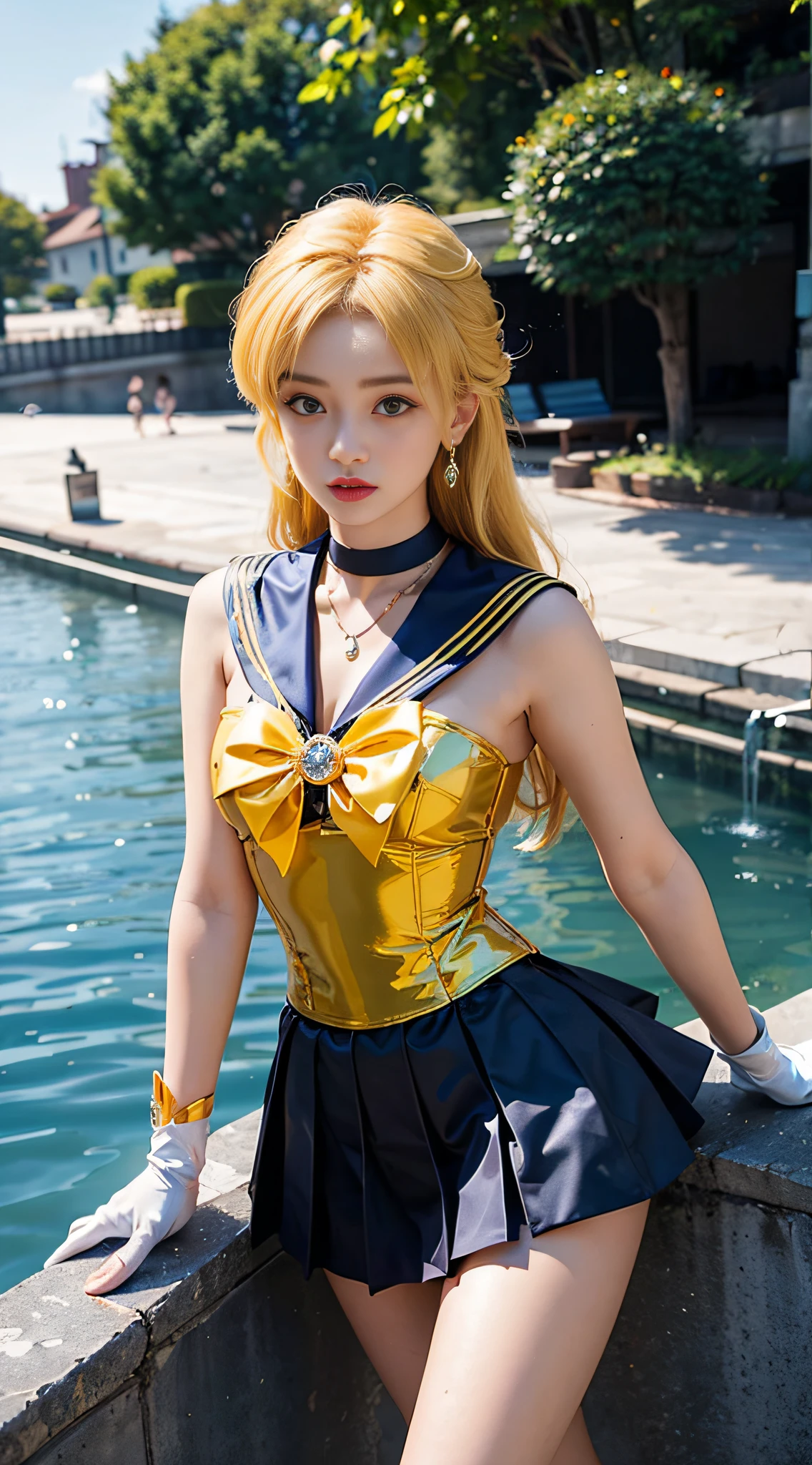 ((masterpiece:1.4)、(top-quality:1.4)、(reallistic:1.7))、masuter piece:1.4、a beauty girl、(Sailor Moon:1.4)、Tsukino Usagi、Body Fit Sexy Sailor Senshi Uniform、(latex shiny)、(The jacket is a white sleeveless sailor suit)、(Skirt is blue sexy ultra ultra mini skirt)、The collar of the sailor suit is blue with two thin lines.、high leg swimsuit、Red cloth ornament at chest、(Wearing white gloves)、Kawaii Girl、Super beauty、foco nítido、Portrait photos、Upper body photography:1.4、beautiful countenance、beautidful eyes、Narrow waist、(Yellow hair:1.4)、(length hair:1.2)、Raw photo、red-lips、Red high heels:1.4、a choker:1.4、a necklace:1.4、耳Nipple Ring:1.4、Luxurious golden tiara on forehead:1.4、1 screen display、Outdoor landscape