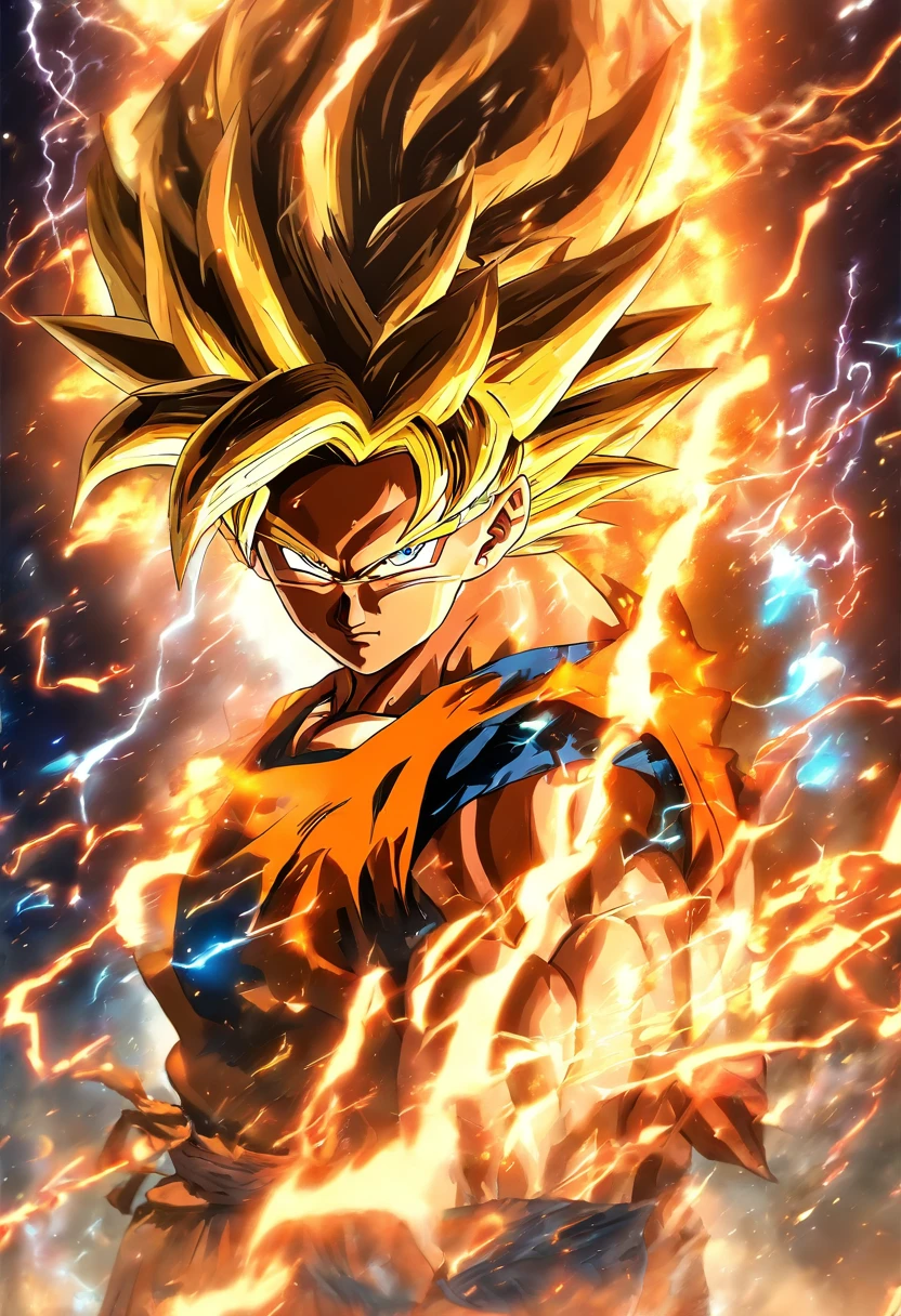 ((master part)), (extremely high quality))), (folha de design de personagem, Traje Nacional, mesmo personagem, testa, lado, back), illustration, Goku, corpo inteiro, Cabelos prateados, pelos dos olhos, olhos bonitos, Princesa Corte, Scenery of lightning and firestorms, Dragons in the background, (fundo com raios) ( master part:1.2), (best quality:1.3)