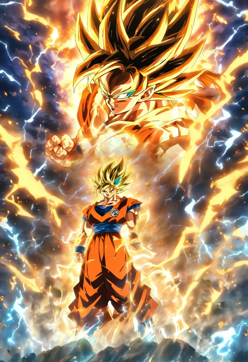 ((master part)), (extremely high quality))), (folha de design de personagem, Traje Nacional, mesmo personagem, testa, lado, back), illustration, Goku, corpo inteiro, Cabelos prateados, pelos dos olhos, olhos bonitos, Princesa Corte, Scenery of lightning and firestorms, Dragons in the background, (fundo com raios) ( master part:1.2), (best quality:1.3)