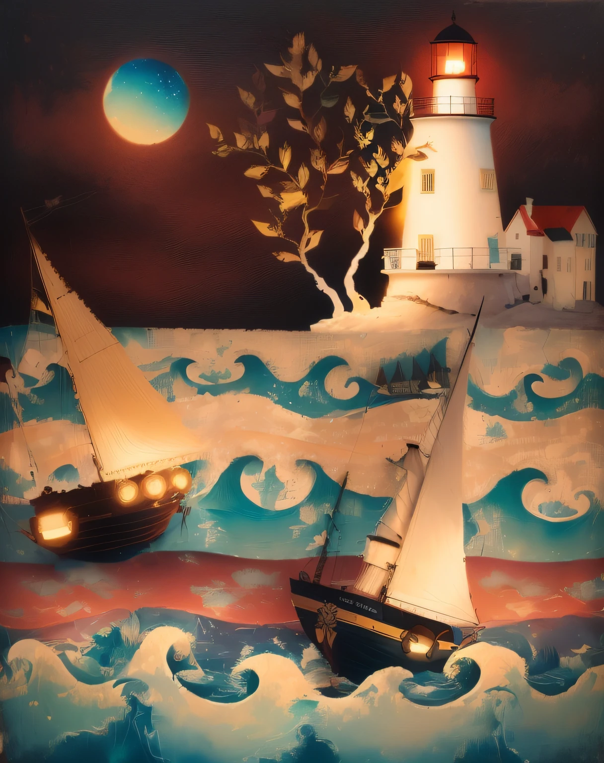 Painting of a lighthouse and sailboats on a large body of water, arte caprichosa, Veleiros, Veleiros, Veleiros, Sailboats on the water, Naive art, Veleiros voando ao vento, Catarina Nolin, zarpar, arte popular, whimsical fantasy landscape art, dramatic nautical scene, Barcos, Artwork, em um dia brilhante, Directed by: Lisa Milroy