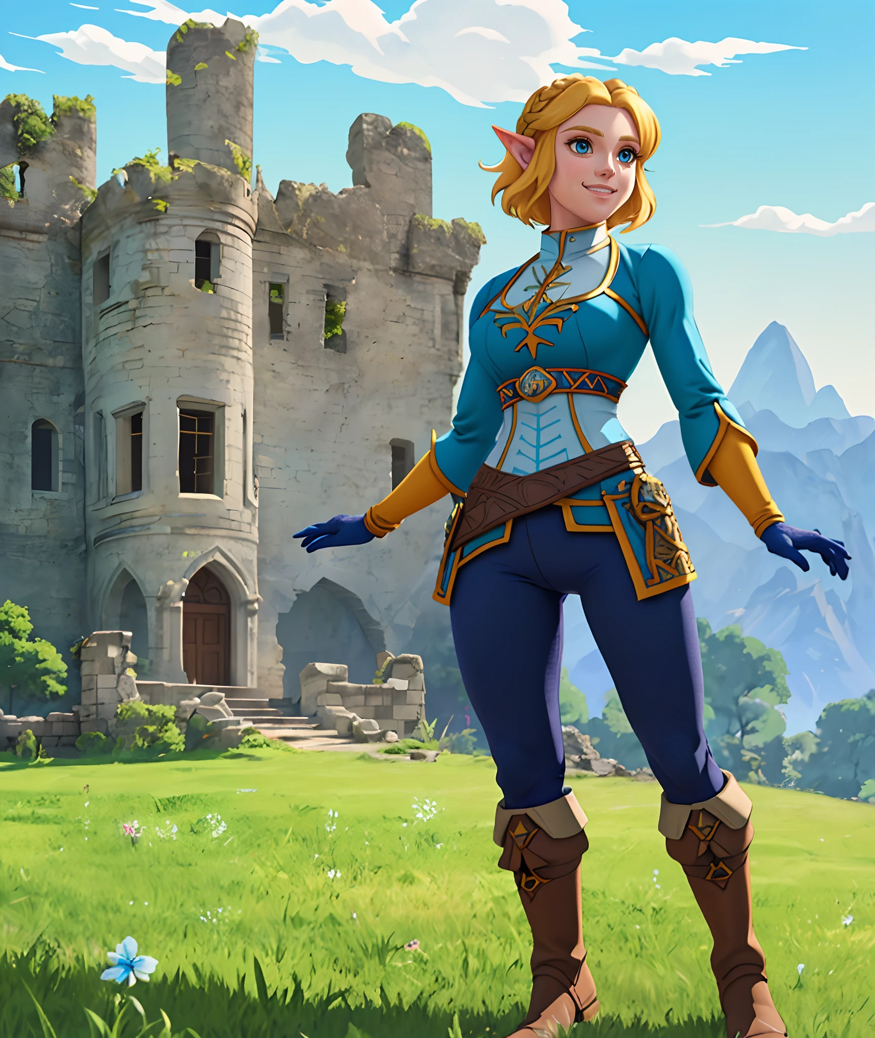 [Princess Zelda], ((masterpiece)), ((HD)), ((High Quality)), ((solo portrait)), ((front view)), ((anime)), ((beautiful render art)), ((cel shading)), ((detailed shading)), ((intricate details)), {(beautiful woman), (pointed ears), cute blue eyes, short yellow hair, braided hair, (small boobs), (short eyelashes), (excited smile), (mouth open), (gorgeous hips), (beautiful defined legs)}, {(blue long-sleeve shirt), (tight spandex pants), (brown knee-high boots)}, {(standing), (arms at side), (looking at viewer)}, [Background; (castle ruins), (grass plans), (orange sky), (bright sun), (sun rays)]