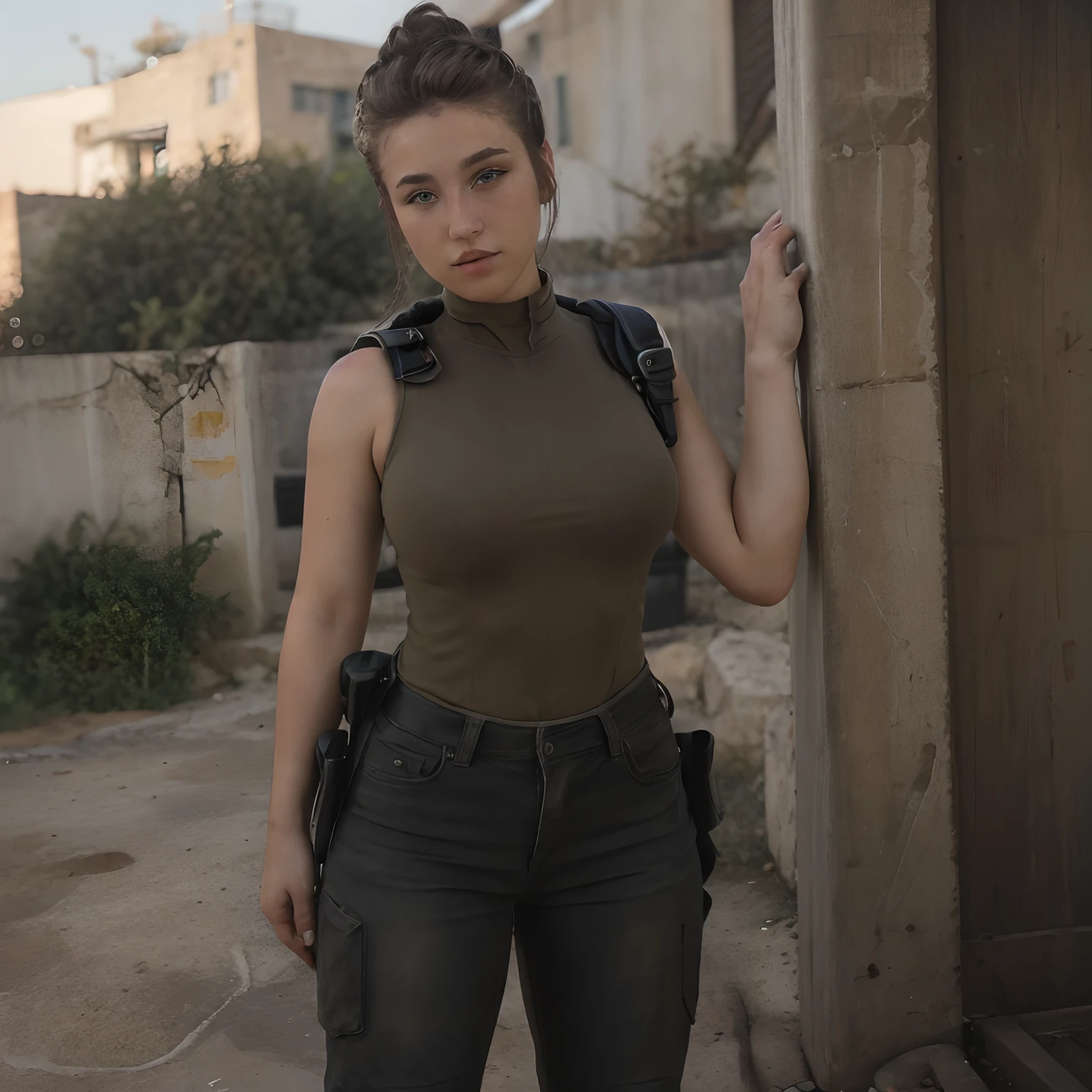 RAW photo, Fadeev , full bodyesbian, Natural skin, 8K  UHD, High quality, filmgrain, Hair in a bun, skintight jeans，American police uniform, battlefiled，Tactical moves，Aim and shoot