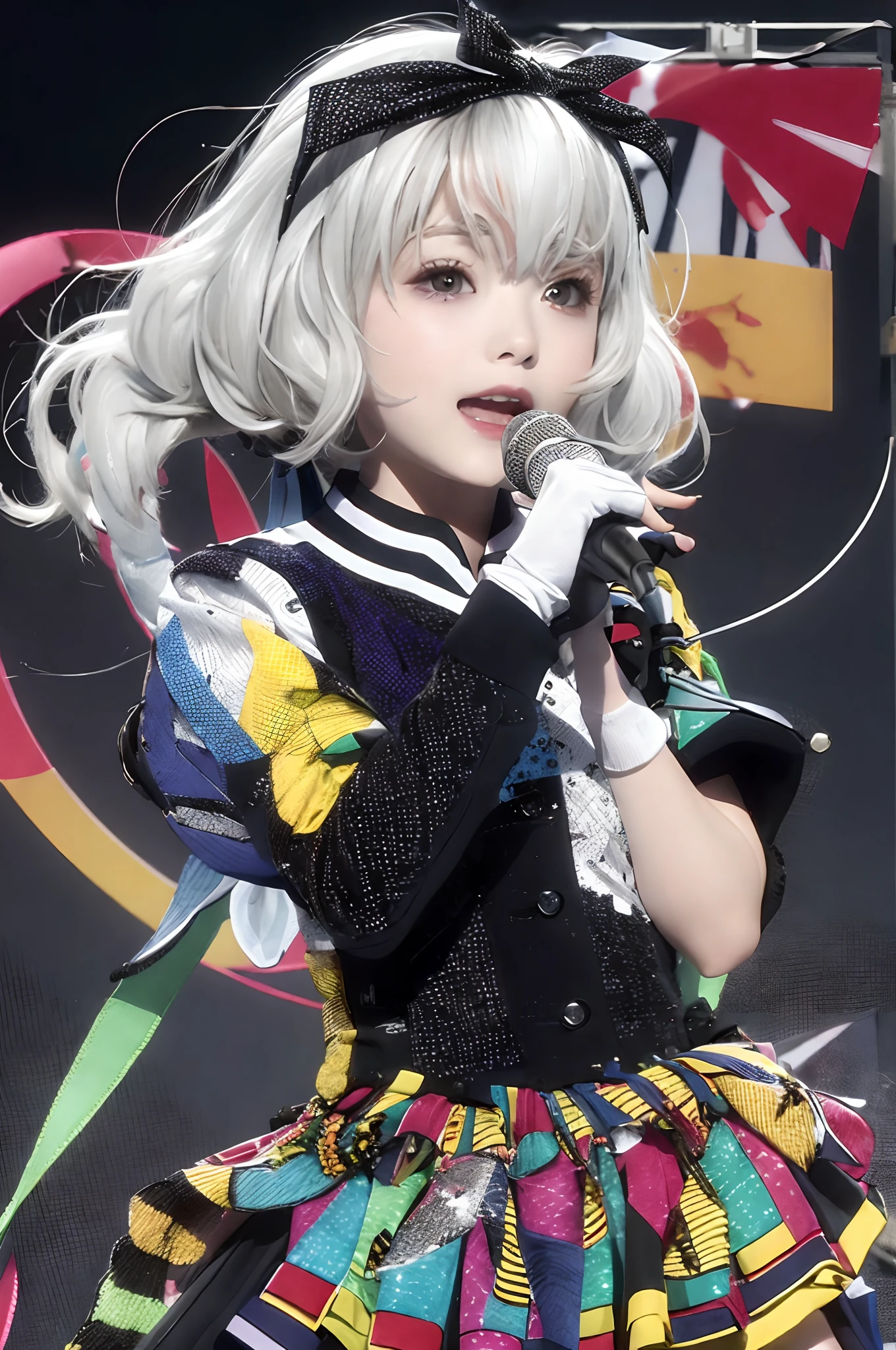 Smile, Junon Bee, multicolored skin, seam, patchwork skin,Patchwork_skin, zombie, Junon Bee 1 Girl, Solo, microphone, gloves, Idol, white_gloves, Skirt, Short_sleeves, Holding_microphone, Rain, Holding, Open_Mouth, up looking_で_viewer, bow ribbon, neck tie, pleats_Skirt, Shirt, puffies_Short_sleeves, puffies_sleeves, Black_Background, blush, cowboys_shot, greys_Skirt, Singing, outstretched_arms are, Dress, It features a simple_Background, white_Skirt, Standing, Collared_Shirt, Music, from a_Side, Jacket, foreshortening, Reaching_towards_viewer, greys_neck tie, white_Shirt, The upper part of the body_Body, Miniskirt, Blurry, Idol_Clothes, :o