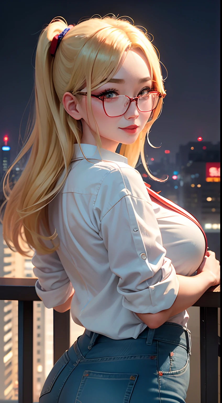 Chinese Idol ((A MILF)) Blonde with bangs ((eye glass)) bright red lips White button shirt ((Blue Denim Pants)) bbw Flushed cheeks ((The rooftop of a high-rise building with a beautiful night view of Osaka)) Portrait Looking at the camera ((Dressing)) Sultry and sweaty shiny face Glossy lips Best Quality masterpiece sexy smiling Facing the front Hair fluttering in the wind posterior view Turn around and look at us With Tsutenkaku Tower and the Moon in the background Gravure photoshoot Back view Turn around and make eye contact Cherry in large quantities