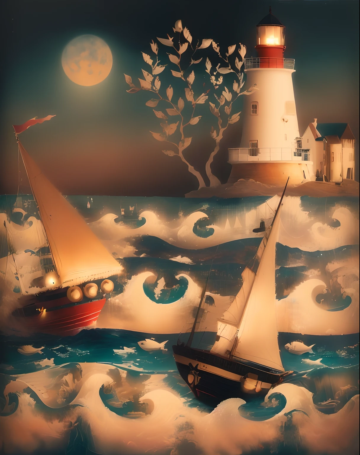 Painting of a lighthouse and sailboats on a large body of water, arte caprichosa, Veleiros, Veleiros, Veleiros, Sailboats on the water, Naive art, Veleiros voando ao vento, Catarina Nolin, zarpar, arte popular, whimsical fantasy landscape art, dramatic nautical scene, Barcos, Artwork, em um dia brilhante, Directed by: Lisa Milroy