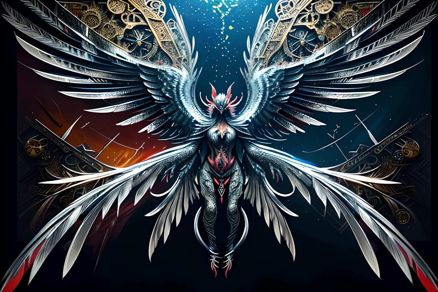 (((intricate insane detail oil paint of include mechanical single bird illustration:1.4))), (((red Chinese phoenix inspiration))), flash effect, swirling vortexes with smoke speed line,cyborg bird, know, ((silver and red and blue metallic mechanic texture:1.2)), (((electronic engineering:1.3))), rich colors, ((half glass and gear coating:1.3)), weapon is mechanical-claw, bird wing of blade, ((gliding pose:1.1)), from front, go through black hole background, symmetrical body, (((mechanical of full-body and 2 bird legs with 3 claws:1.3))), (intricate beautiful glow details:1.3), (intricate detailed:1.1), (extremely insane details:1.3), highly quality, high resolution, tonal with high contrast, cinematic lighting, beauty beauty, myth, elegance, grace, perfect bird anatomy, holography style, holographic rendering,