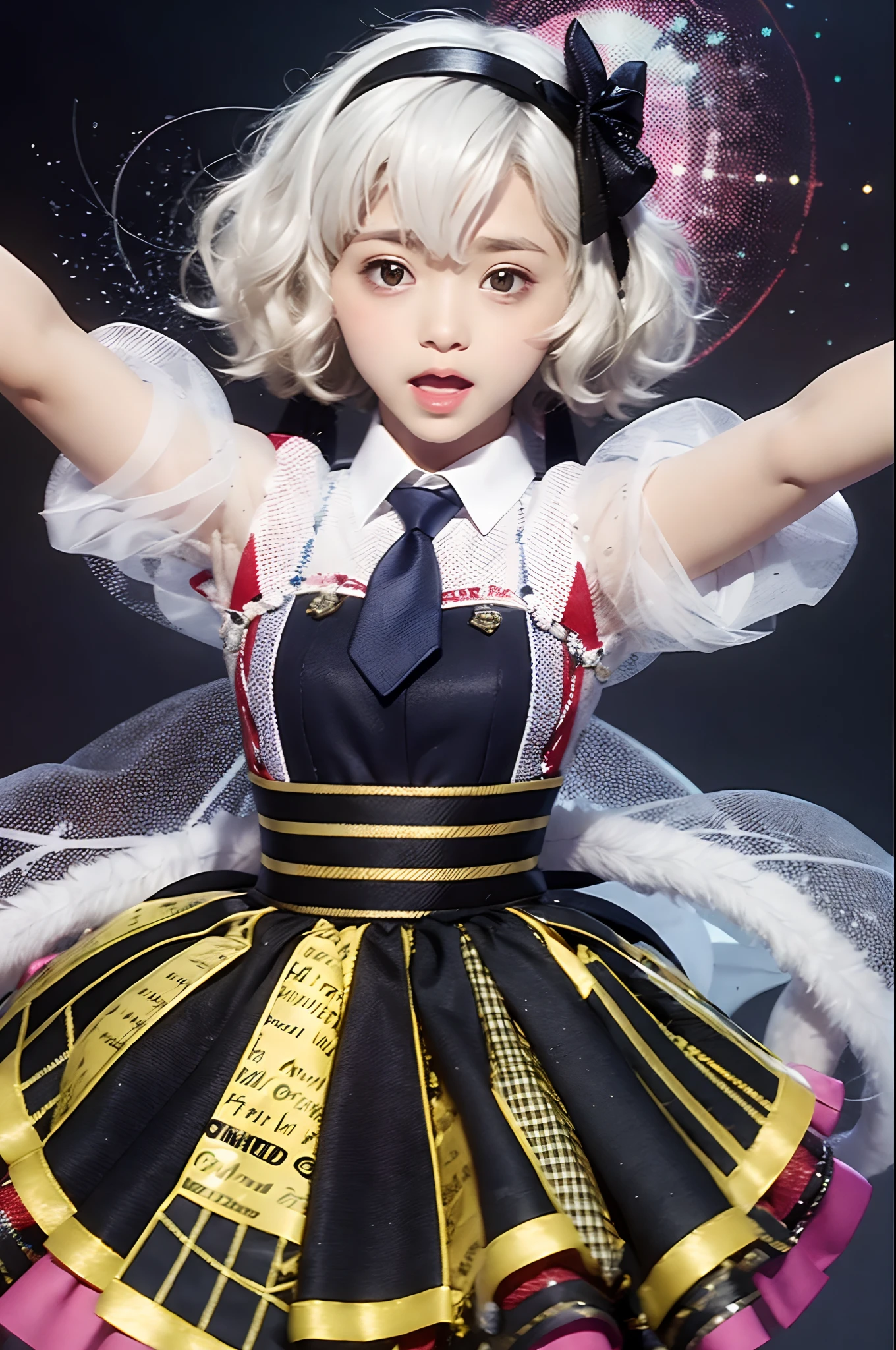 Smile, Junon Bee, multicolored skin, seam, patchwork skin,Patchwork_skin, zombie, Junon Bee 1 Girl, Solo, microphone, gloves, Idol, white_gloves, Skirt, Short_sleeves, Holding_microphone, Rain, Holding, Open_Mouth, up looking_で_viewer, bow ribbon, neck tie, pleats_Skirt, Shirt, puffies_Short_sleeves, puffies_sleeves, Black_Background, blush, cowboys_shot, greys_Skirt, Singing, outstretched_arms are, Dress, It features a simple_Background, white_Skirt, Standing, Collared_Shirt, Music, from a_Side, Jacket, foreshortening, Reaching_towards_viewer, greys_neck tie, white_Shirt, The upper part of the body_Body, Miniskirt, Blurry, Idol_Clothes, :o