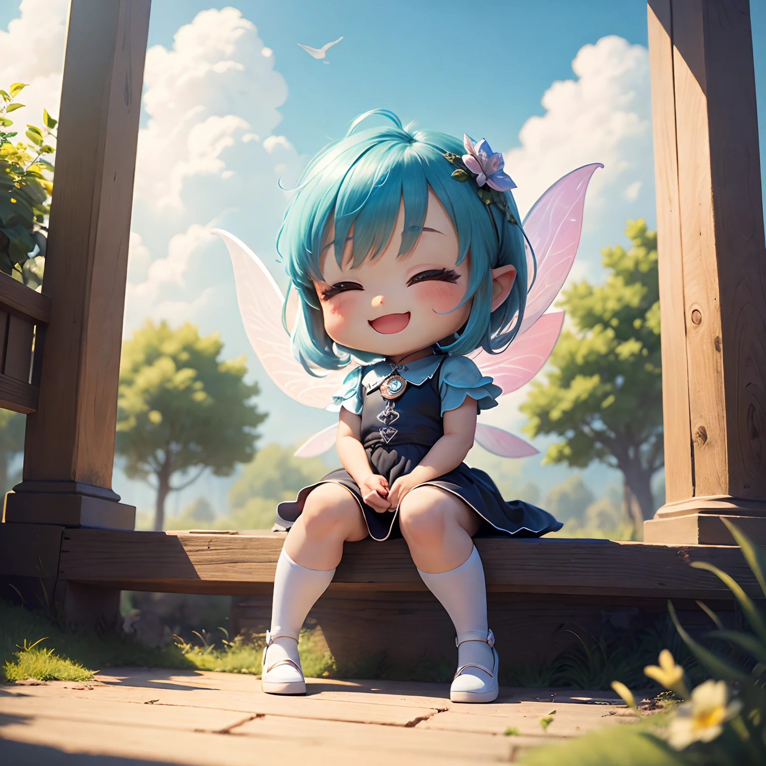 ​masterpiece、top-quality、ultra-detailliert、(Chibi Chara Fairy:1.2)、tickle,laughingly,nffsw,nffsw,Big smile,Happy happy smile,Laugh aloud,Lively laughter、blue open sky、white clouds、Sit on cotton