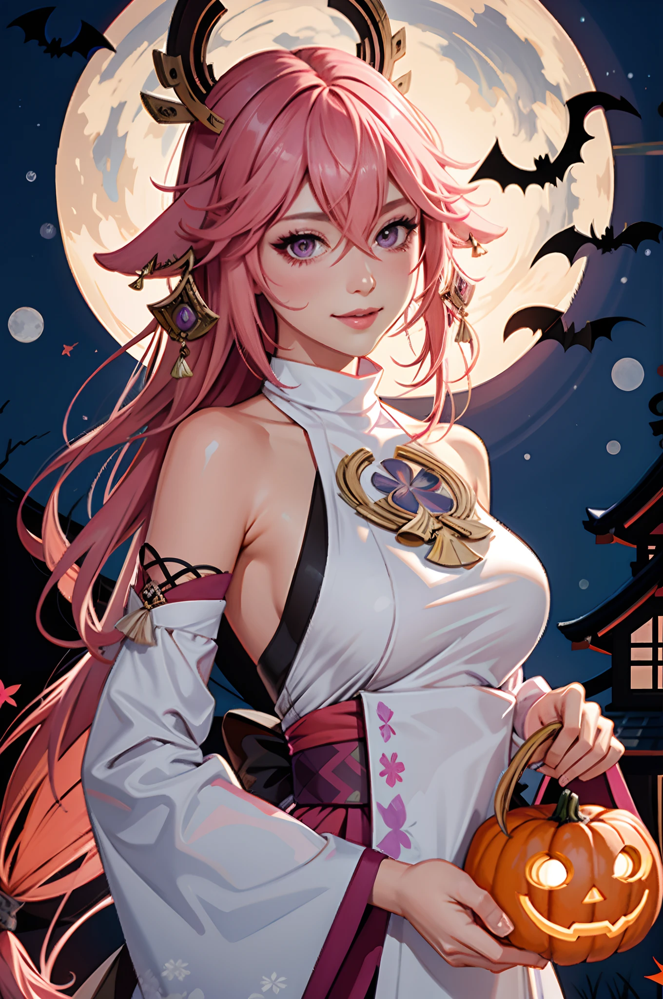 best quality, masterpiece, highres, 1girl,female,solo, mature female,yae miko, 1girl, \n/, animal ears, bare shoulders, blush, breasts, detached sleeves, earrings, fox ears, gem, hair between eyes, hair ornament, japanese clothes, jewelry, kimono, long hair, medium breasts, miko, nontraditional miko, pink eyes, pink flower, pink hair, purple gemstone, short kimono, sidelocks, smile, solo, white kimono, ((halloween, pumpkins))