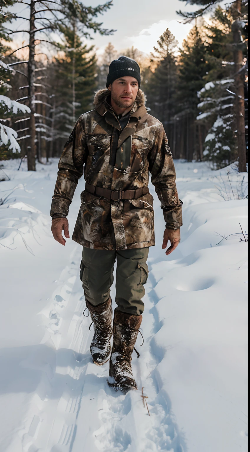 Male hunter walking in snow finds animal tracks，Male hunters wear hunting gear，snowfield，Surrounded by dense woods，snowfield，Male hunters follow animal tracks on the ground，Realistic photography style，4K，Surrounded by snowy woods