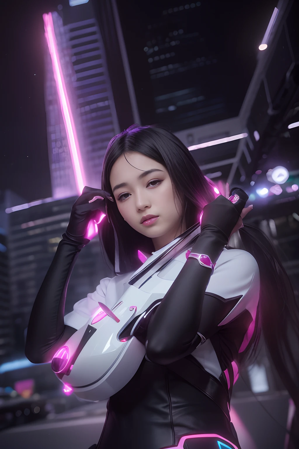 Highest image quality, outstanding details, ultra-high resolution, (realism: 1.4), the best illustration, favor details, highly condensed 1girl, with a delicate and beautiful face, dressed in a black and fuschia mecha, wearing a mecha helmet, holding a directional controller, riding on a motorcycle, the background is a high-tech lighting scene of the future city.