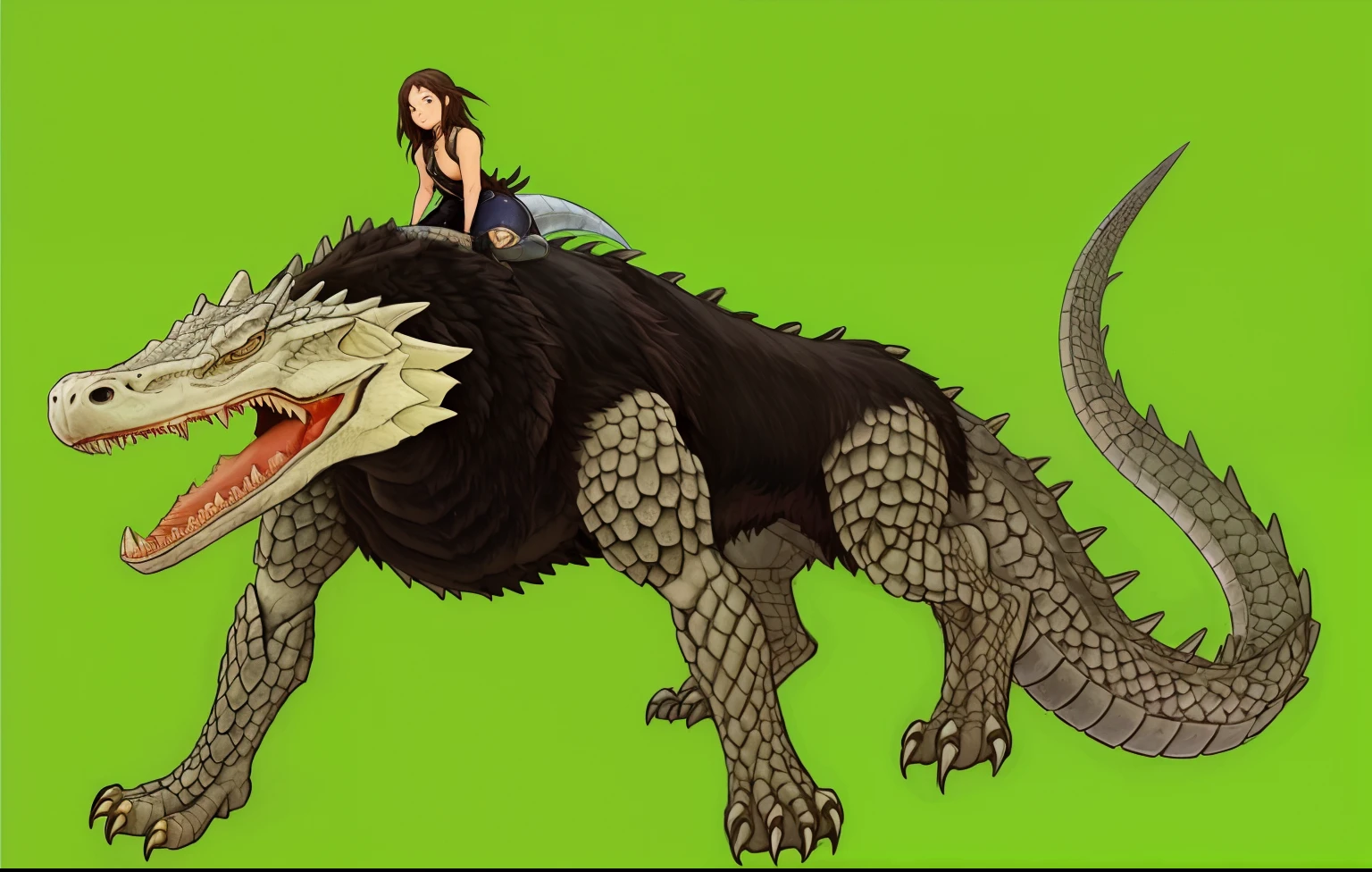 there is a drawing of a woman sitting on top of a large monster, riding a giant silver wolf, fat dragon with rider, crocodile loki, teenage girl riding a dragon, scaly!!!, riding a cyborg raptor, from cryptid academia, riding a dragon, tartakovsky, with scaly-looking armor, man riding a giant mouse, anthropomorphic alligator