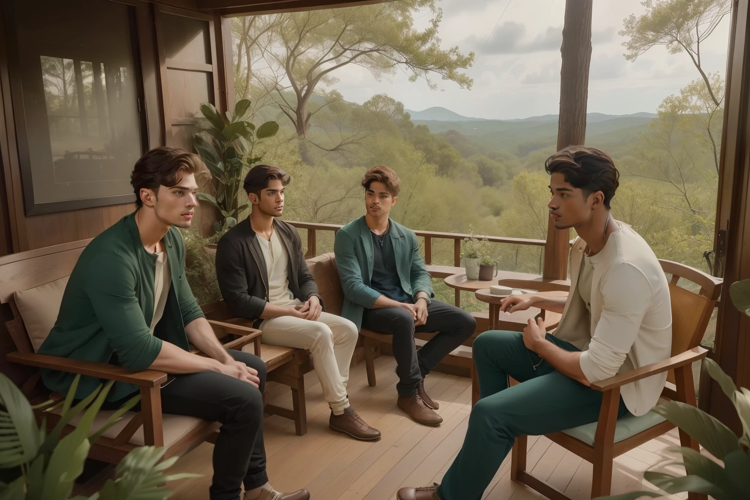 year: 2023. Location: Texas. Pre-Raphaelite scene with a Theo James, Dominic Sherwood, Matthew Daddario and Alfred Enoch sitting together in a masive tree house, ((sad look)), ((((casual Clothing from the 2020s)))) ((Hairstyle of the 2020s)), pastel colors, (((cinematic style)))