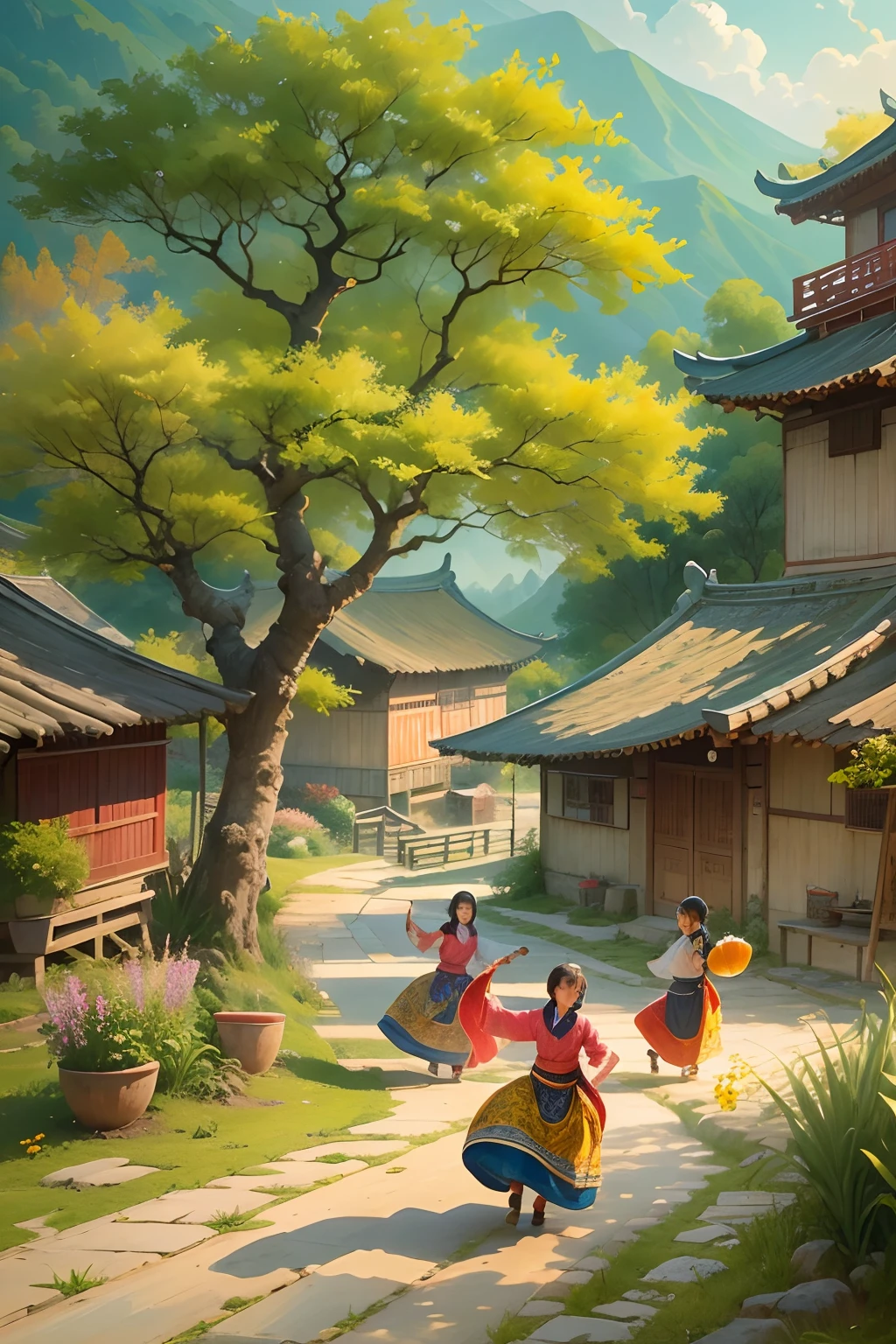 (best quality,4k,highres,ultra-detailed,masterpiece:1.2),vibrant colored,scenic,majestic,cloud-covered mountain landscape with rolling green hills and clear blue skies. The clouds gracefully float above the mountains, adding a touch of serenity to the scene.
At the foot of the distant mountains, there lies a bustling village of the Zhuang ethnic minority. The village is characterized by traditional houses with exquisite flying eaves and upturned corners, showcasing the unique architectural style of the region.
In the foreground, a group of children joyfully performs the traditional embroidery ball dance. Their colorful traditional attire sways in sync with their rhythmic movements, creating a vibrant display of cultural heritage. The children's faces are filled with excitement, their eyes twinkling with enthusiasm.
The sunlight gently kisses the landscape, casting a warm golden glow that illuminates every blade of grass and every leaf on the trees. The intricacies of nature unfold before your eyes, with butterflies fluttering gracefully and birds soaring across the sky.
As you admire this picturesque view, the air is filled with the sweet scent of blooming flowers, adding a delicate touch to the atmosphere. The village is surrounded by lush vegetation, contributing to the overall tranquility and harmony of the scene.
Capture this idyllic moment with (oil painting,watercolor painting:1.1), bringing to life the vivid colors and fine details of this masterpiece. The image radiates a sense of realism, with every brushstroke depicting the beauty of nature and the vibrant culture of the Zhuang people.
Witness the seamless blend of nature and culture in this awe-inspiring artwork, as it transports you to a world of breathtaking beauty and endless possibilities. Immerse yourself in the serene beauty of this cloud-draped mountain landscape and experience the joy and warmth of the Zhuang village's rich traditions.