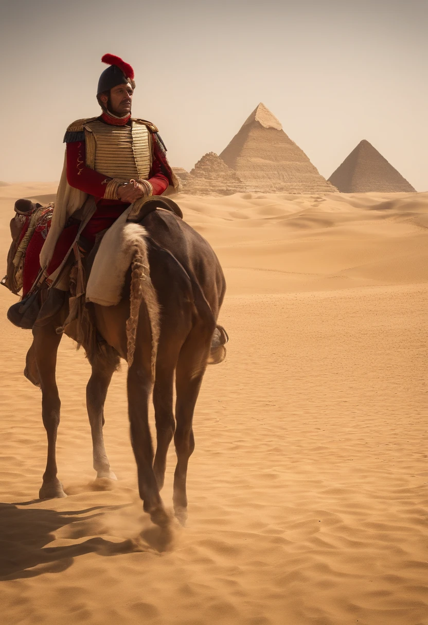 Napoleon Bonaparte and his troops marched through the Egyptian desert during his campaign, highlighting the challenging conditions and the Sphinx in the background. 8k,