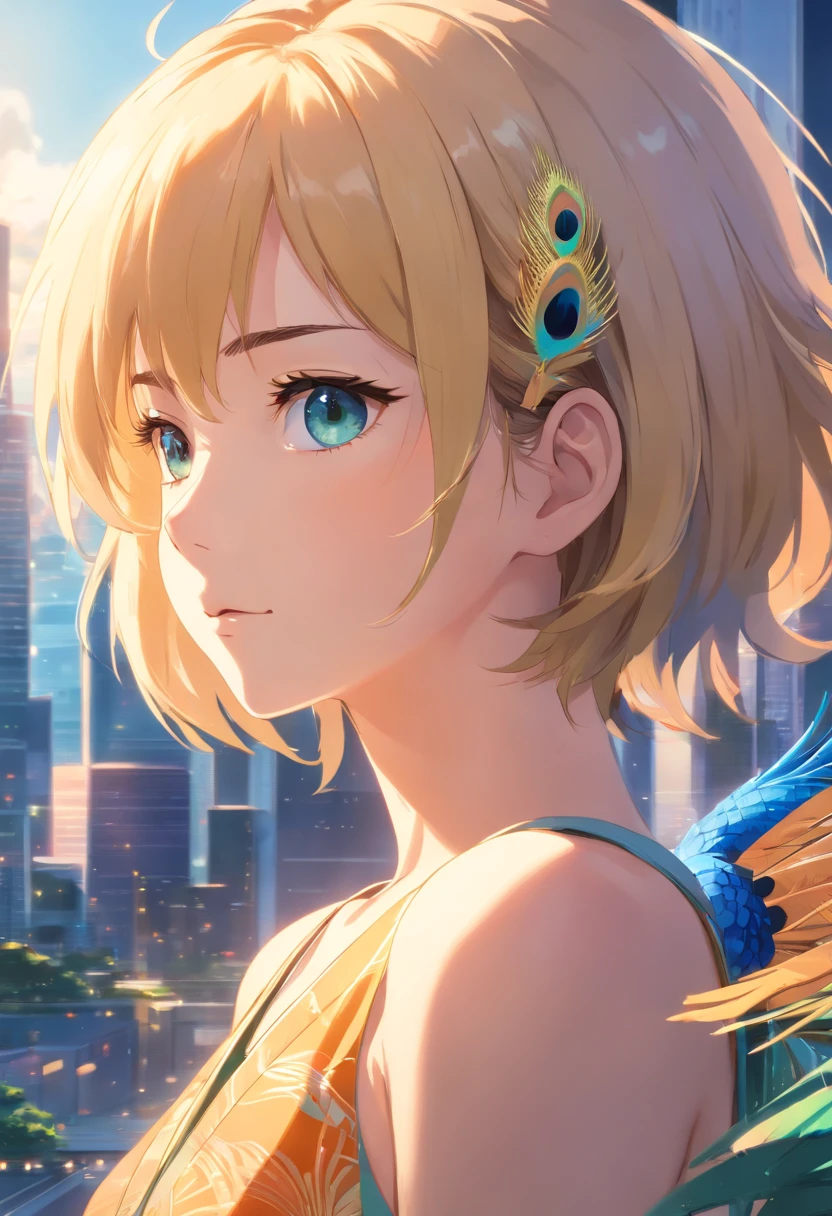 realistic, (masterpiece, top quality, best quality, official art, beautiful and aesthetic:1.2,8k, 4k), extremely detailed, fractal art, colourful, highest detailed,(abstract background:1.3) solo mature female, tall good build girl, (golden peacock), blonde hair, bright eyes, hair slicked back, short hair, black robe,
