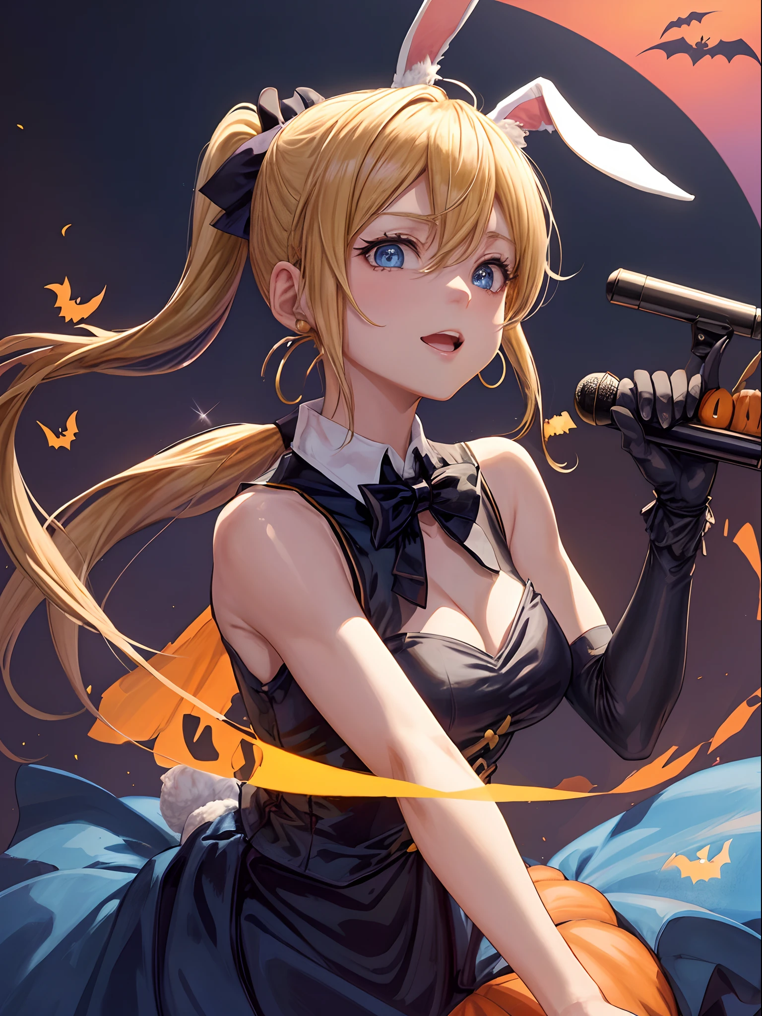 (masutepiece, Best Quality, 8K:1.37), Solo、Female 1、On stage、sings、Happy face、((Sing with a magic wand:1.3))、(Singing while holding a little rabbit:1.2)、((Cute costumes for Halloween:1.3))、(Sleeveless)、((a blond、double ponytails、Rabbit ears:1.5))、Black pants、Shyness、uses magic、Rabbit ears、Red ribbons、Idol、Twinkle,(Anime, tone mapped:1.2),Light blue eyes, 、Sleeveless、 closes mouth, hoop earrings, Jewelry, Looking at Viewer, Upper body, (symmetric), (exceptional, Best aesthetic, new, newest, Extremely detailed:1.2), Best Quality, masutepiece,On a dark night,With intensely seductive blue eyes, Best Bust、Valley、Happiness、A slender、hiquality、Beautiful Art、Background with((Red sky、Halloween at night、the bats、pumpkins,Nightmare))、masutepiece、Elaborate design、visualart,Anime visuals of cute girls, anime wallaper, anime style 4 k, trick or treat, Halloween, jack-o-lanterns,