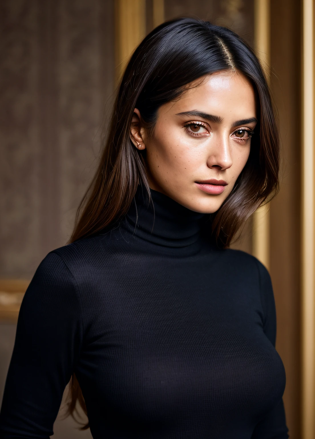 A stunning intricate full color portrait of (sks woman:1), wearing a black turtleneck, epic character composition, by ilya kuvshinov, alessio albi, nina masic, sharp focus, natural lighting, subsurface scattering, f2, 35mm, film grain,