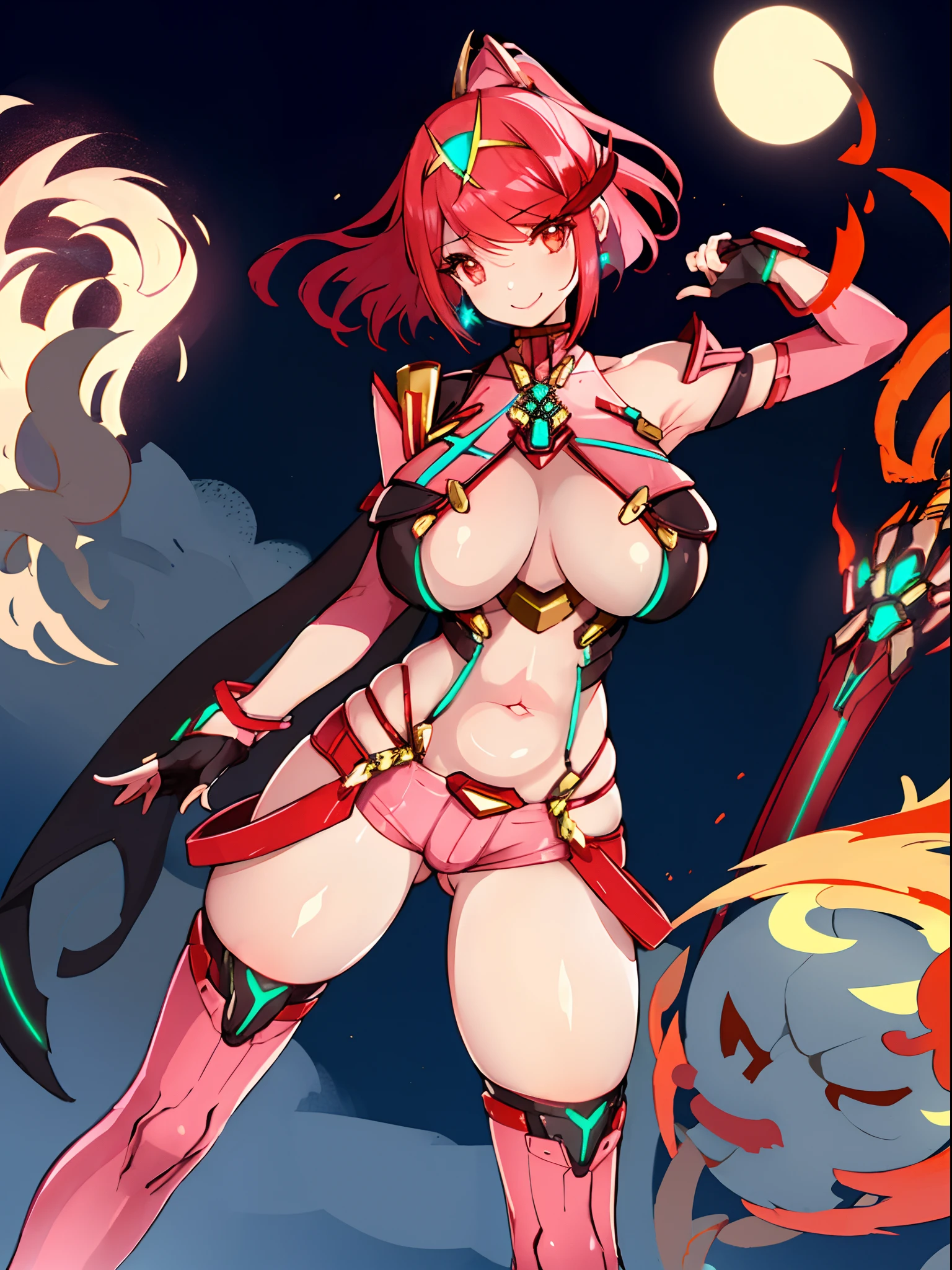 pyra \(xenoblade\), _1girl, lolings, black gloves, breasts, red eyes, shout, earrings, eyelashes, fingerless gloves, floating hair, , gem, gloves, hair ornament, headpiece, jewelry, gigantic_breasts, leaning back, swimsuit, neon trim, official art, pose, red hair, saitou masatsugu, short hair, sidelocks, skin tight, solo, swept bangs, thighhighs, tiara, fantasy_town_background, underbust, xenoblade chronicles \(series\), (xenoblade chronicles 2), (spread_legs:1.1), fire_effect,dynamic_pose,fighting,light_smile, (plump:1.1), big_ass,huge_sword, hold_large_sword_hilt, covered_nipples, covered_pussy, fists,ponytail,beautiful_fingers,(solo:1.1), bare_shoulder,(shoulder_naked:1.2), nipple_jewel,back, back_view, focus_ass,ass, (very_short_shorts:1.3),(lise_leg:1.4)