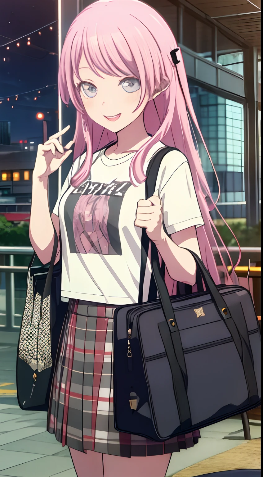 ((masterpiece :1.2)), (high quality), anon_chihaya, bang_dream, solo, long_hair, pink_hair, grey_eyes, happy, winking_eye, t-shirt, city, midnight, cute.