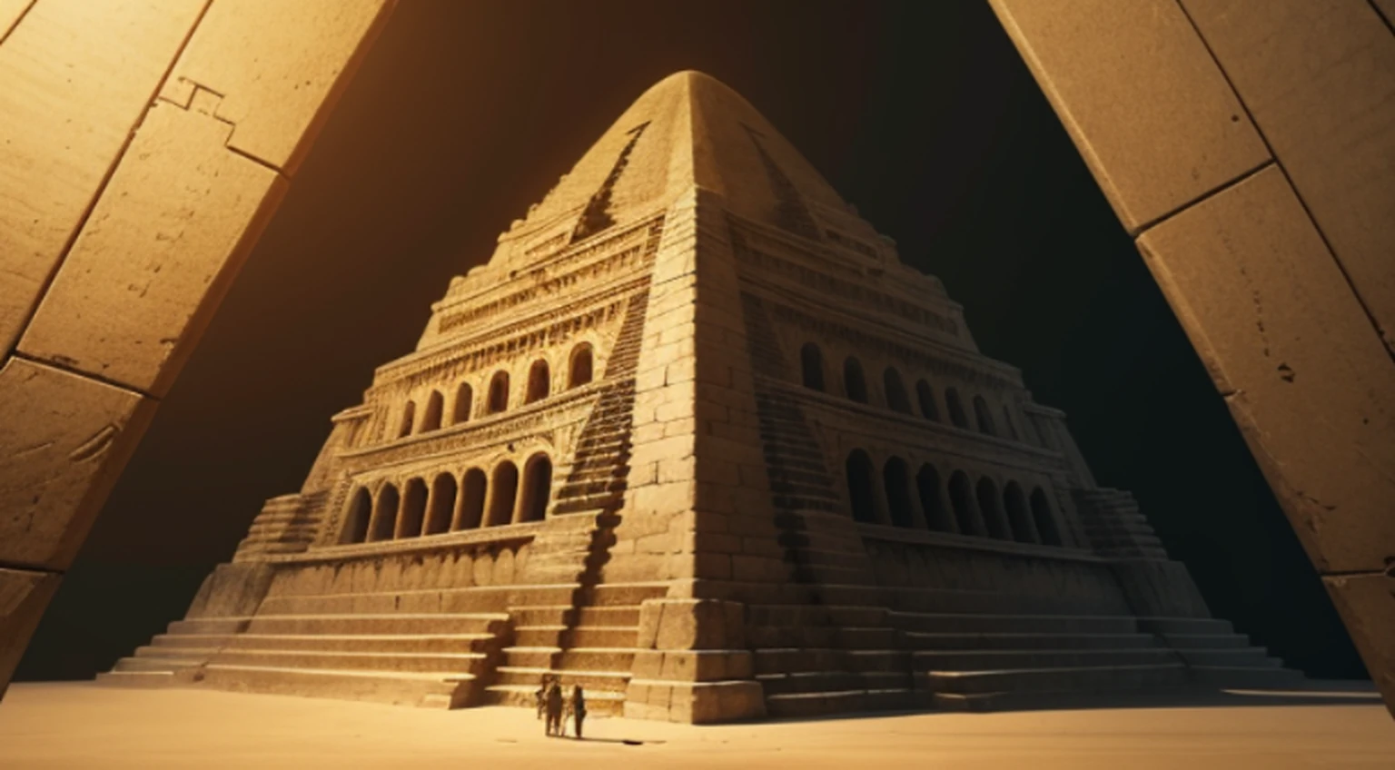 “A group of explorers are on the bottom a pyramid holding lanterns and maps and they find and old tomb.”