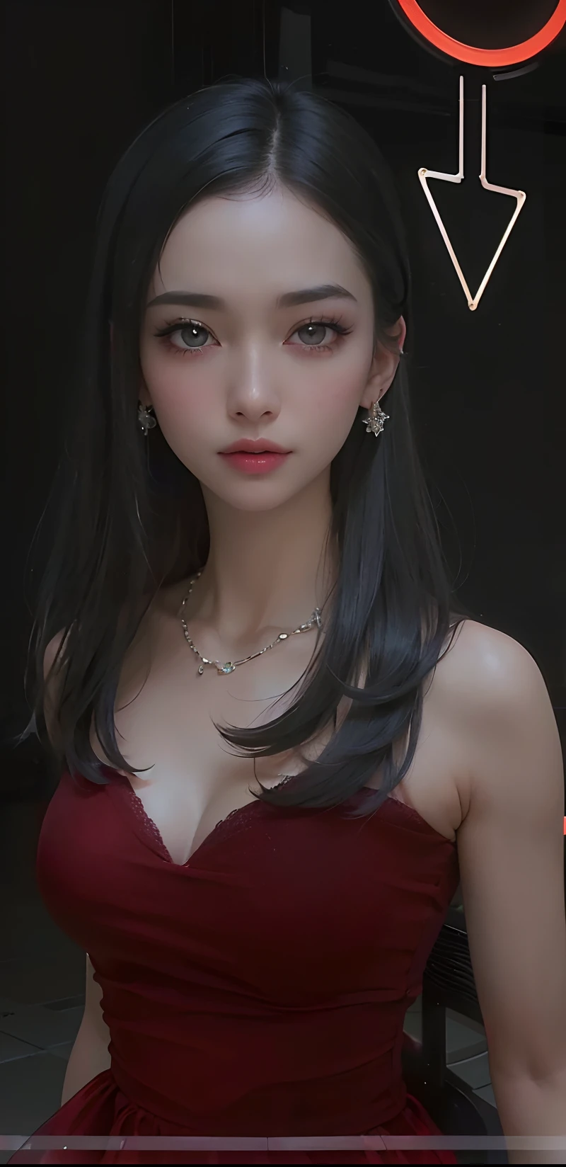 Close-up, (neon, night view, Dutch angle, from above, strapless: 1.3), masterpiece, top quality, raw photo, photorealistic, off-shoulder, red lace dress, red choker, reddish-purple eyes, up, upper body, cleavage, face light, shiny skin, film grain, chromatic aberration, absurdity, high resolution, ultra detail, detail, detailed eyes and face, sharp pupils, realistic pupils, sharp focus, sexy inviting pose, crotch open