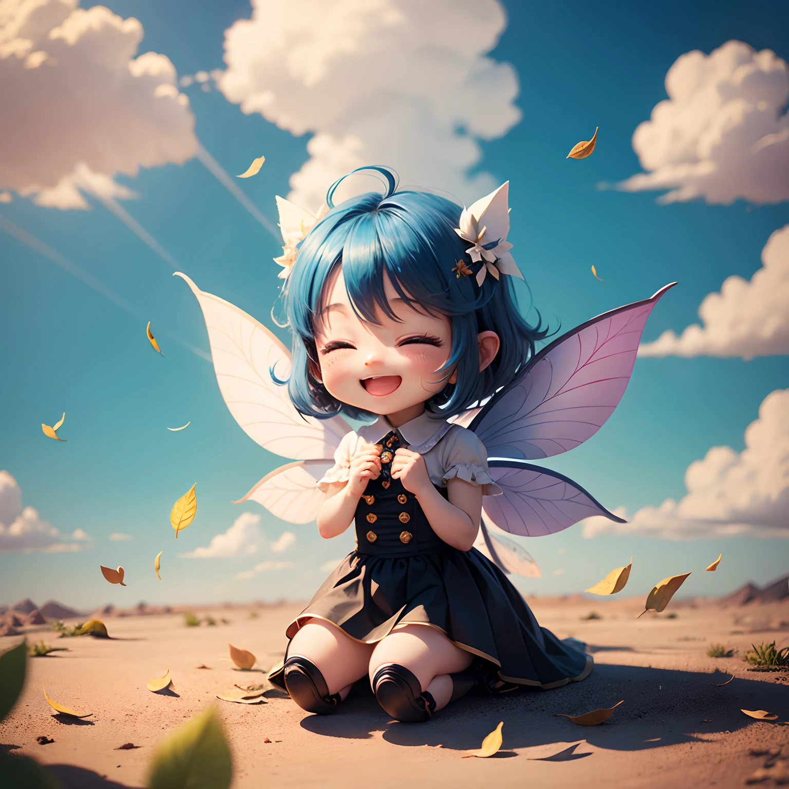​masterpiece、top-quality、ultra-detailliert、(Chibi Chara Fairy:1.2)、tickle,laughingly,nffsw,nffsw,Big smile,Happy happy smile,Laugh aloud,Lively laughter、blue open sky、white clouds、Sit on dead leaves