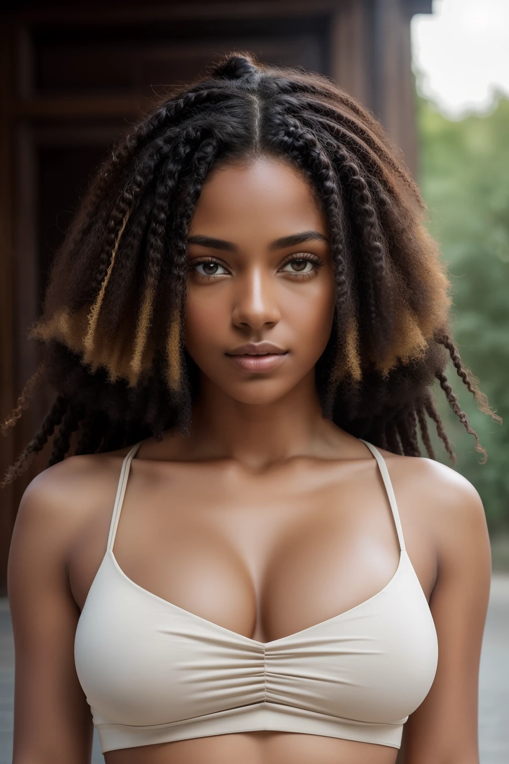 Natural photography of a beautiful girl, porter un crop top ample, se pencher, cheveux longs et fluides, Grand buste, locks eyes in the camera, eyes symmetrical, symmetrical face, photoreallistic, photographie, Path layout, specular lighting, Volumetric facial light, Hair path, Ombres visibles, complexe, elaborate