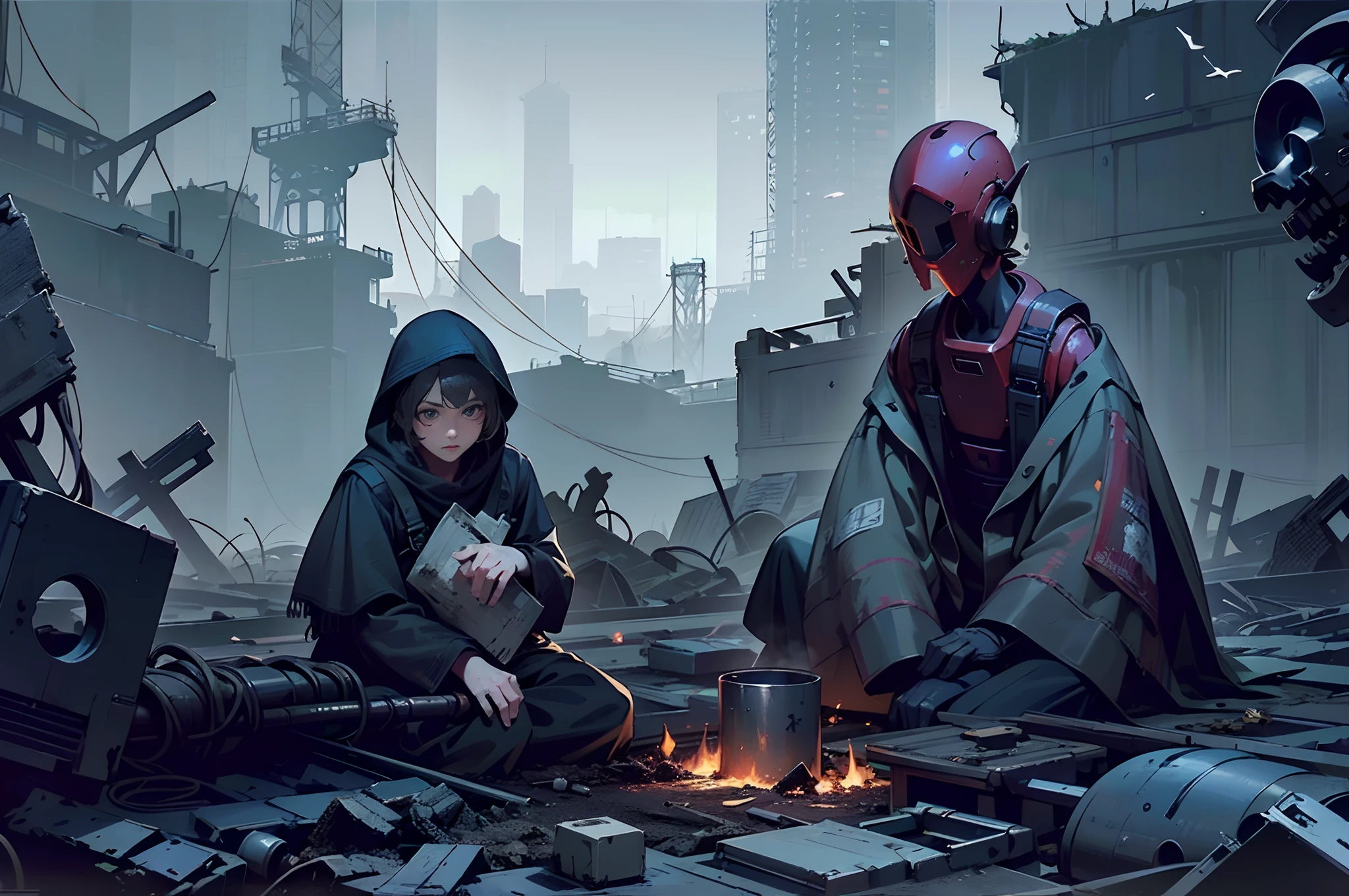 (From above,viewed from bird's-eye),In the post-apocalyptic era, view over city,Plant cover,Remains Cliff,Created inspired by the fascinating nature of apocalyptic movies《《last of us》》concept artwork, Made in an ultra-realistic visual style ,Meticulous attention to detail。Depicting a young and charming European girl,Red Robot,Cloaked,Her face was covered by a hood。Set the scene after the explosion of the apocalyptic city, Fire and burning in the distance,Ashes fell,Show the devastation and destruction left by the city after the Doomsday War。Emphasize the authenticity and complexity of the environment, Capture gritty textures, Broken structures, As well as a gloomy vibe with stunning 8K resolution,(A complete painting),(Extremely detailed picture),(light and shadow effect),(Movie lighting),(cinema4d),(Light particle tracing),(rendering by octane),(Layered artistic effects),(Best Painting),(Master painting),(8K分辨率),photorealestic,realisticlying