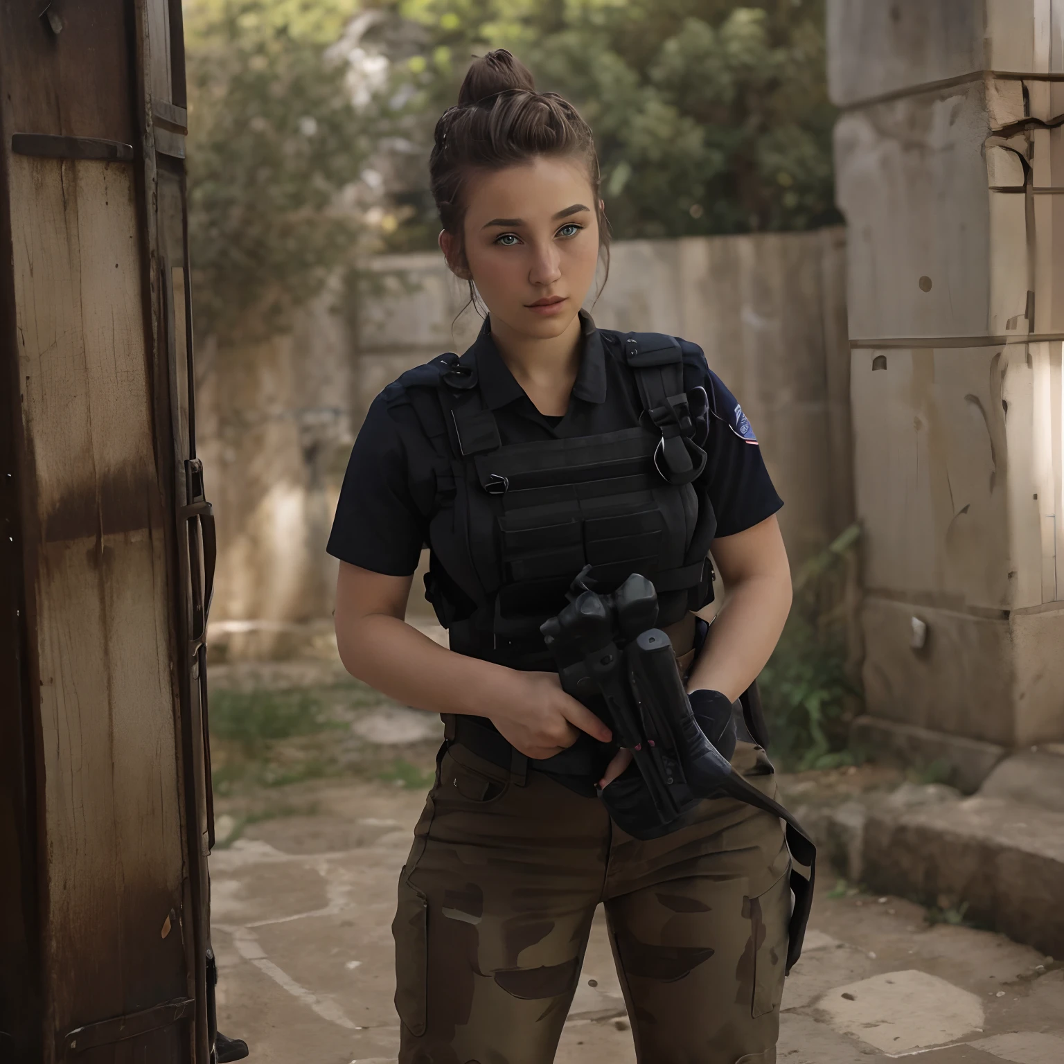 RAW photo, Fadeev , full bodyesbian, Natural skin, 8K  UHD, High quality, filmgrain, Hair in a bun, skintight jeans，American police uniform, battlefiled，Tactical moves，Aim and shoot