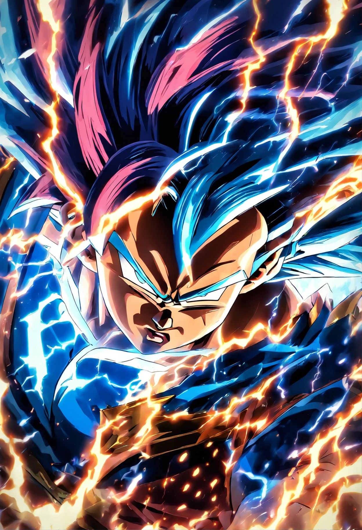 A muscular man with spiky blue hair and intense blue eyes, spikes of energy emanating from his body, dynamic pose, cinematic lighting, digital art, hyperrealistic, 8K, intricate details, dramatic shadows, vivid colors, volumetric lighting, photorealistic, highly detailed, masterpiece