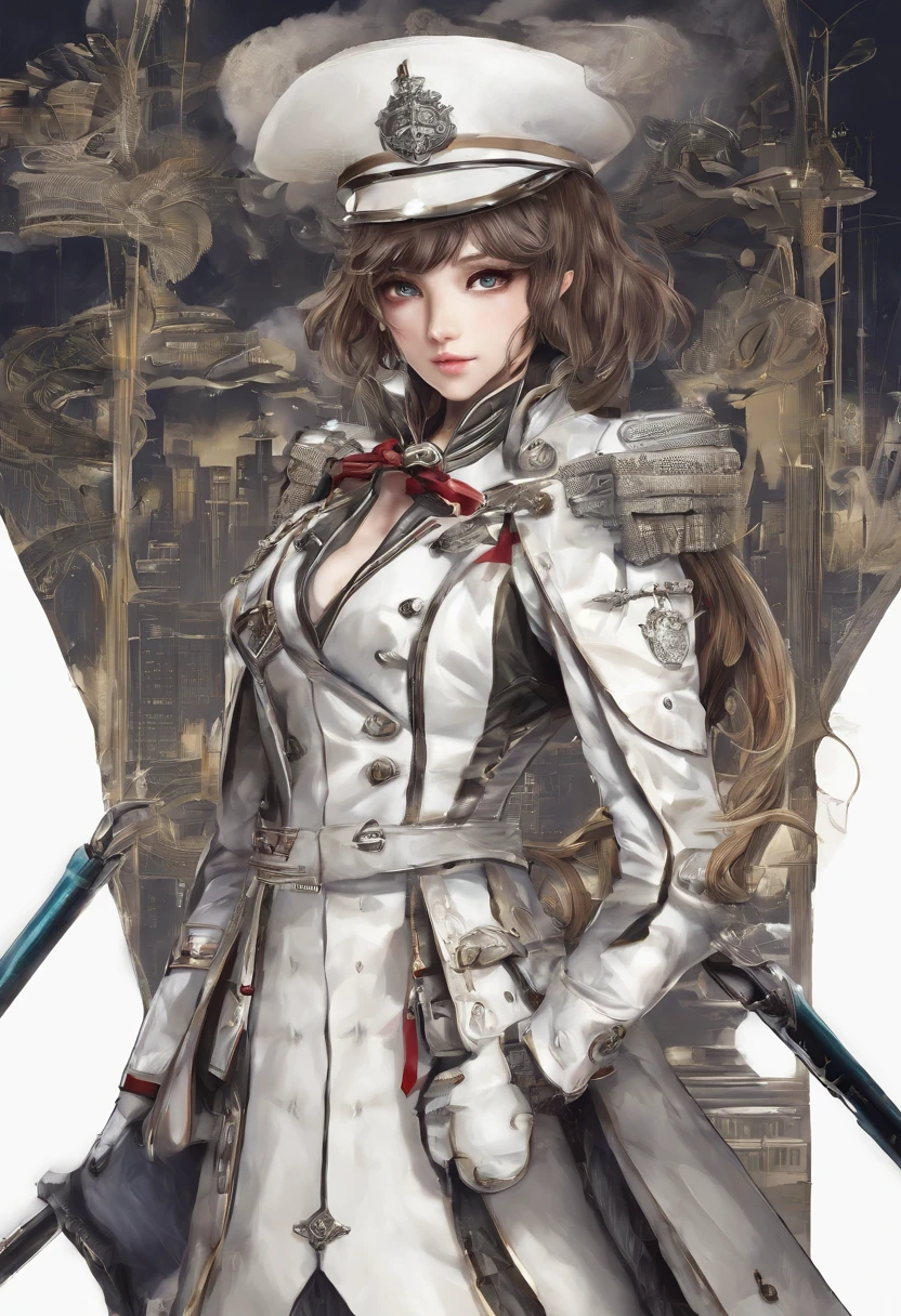 ((best qualtiy,8k,tmasterpiece:1.3))girl, ssmile, full bodyesbian, Slim Faces, Beautiful woman, (dark brown hair),Cleaning jacket,The clothes say "Sail's Life Hall", Super detailed face, Detailed eyes, 二重まぶた, blur backgroun, Slim Faces,Plain white background,Wear gloves