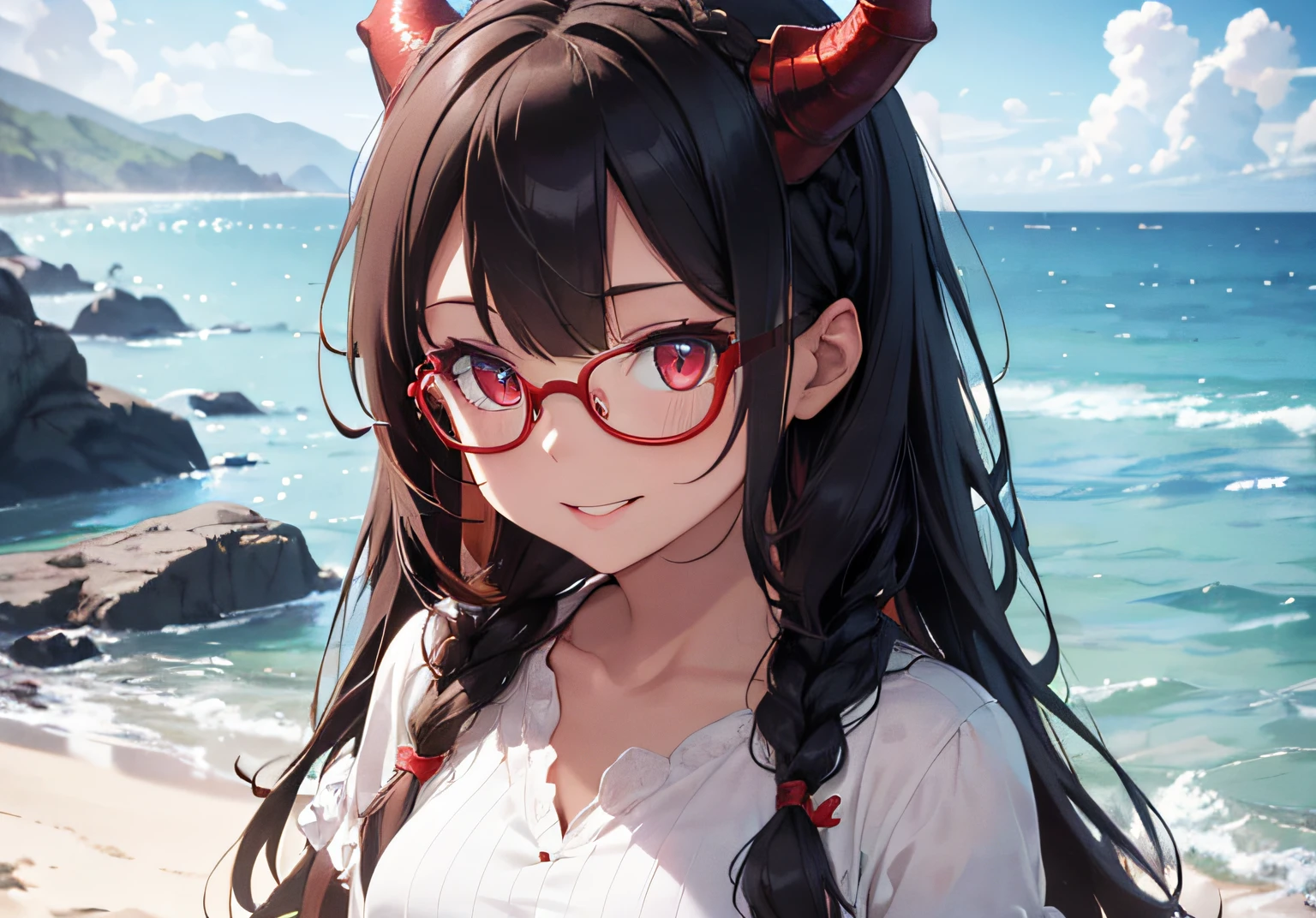 HDR, one girl closeup, high res, dragon horns, perfect arms, perfect hands, standing, perfect eyes, red eyes, loving smile, long white braided hair, eyeglasses, red lipstick, bangs, beach background