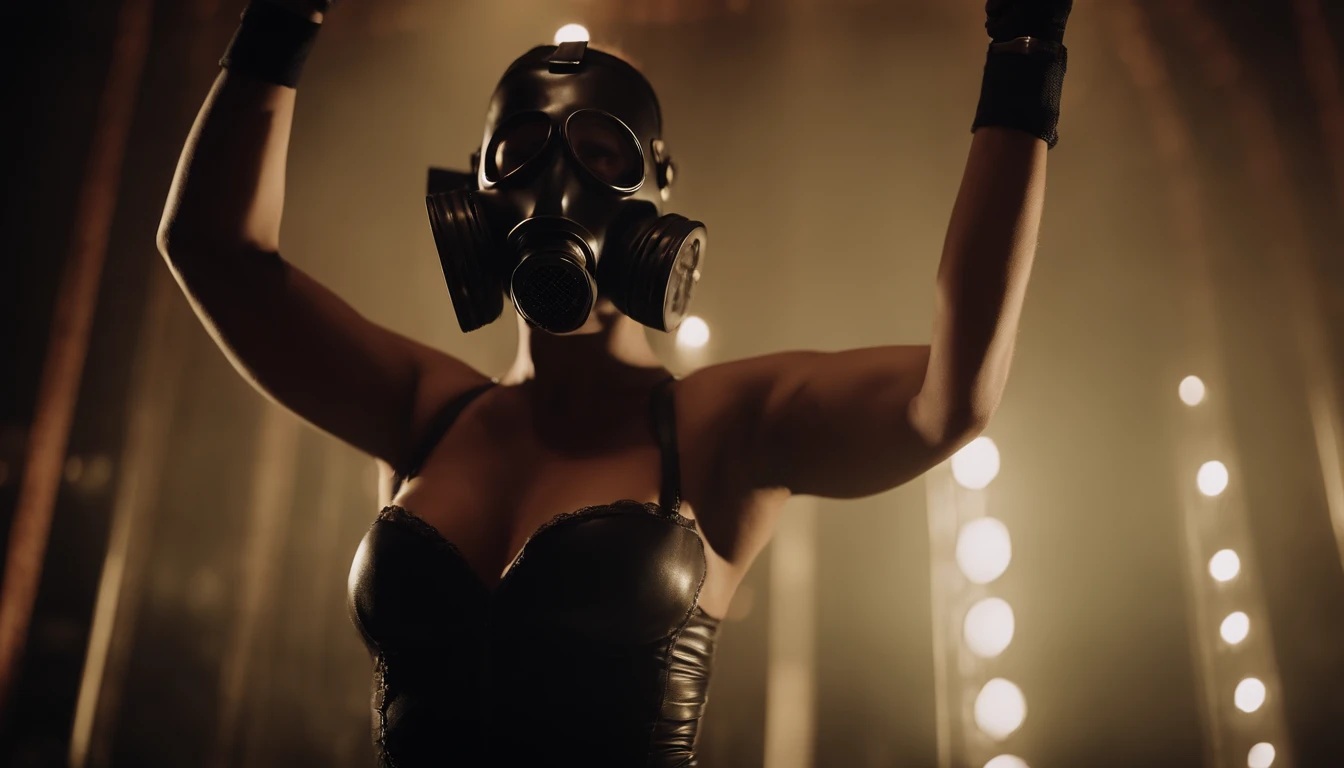 stripper dancing on a podium wearing a gas mask, latex lingerie, dark clubbing, ultra detailed.