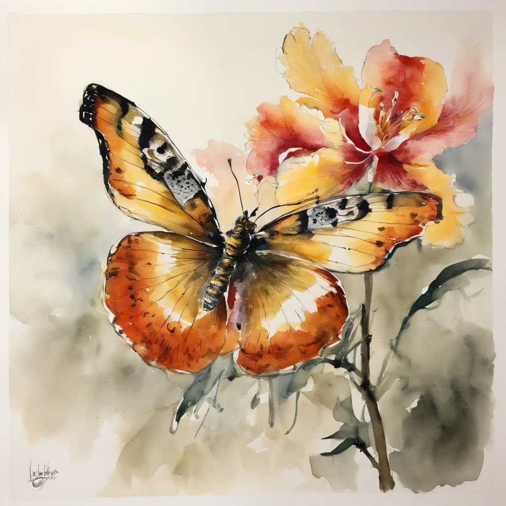 Zhuang Zhou Meng Butterfly，ukiyoe painting，Huge flowers，an orchid flower，夏天